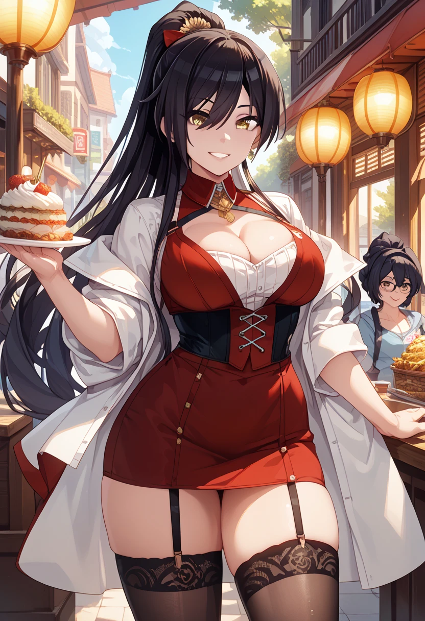 Azur Lane、((Amagnagi))、Brown long hair、Sodium Bicarbonate Ship、Big Breasts、(Fox ears)、(Red and black kimono)