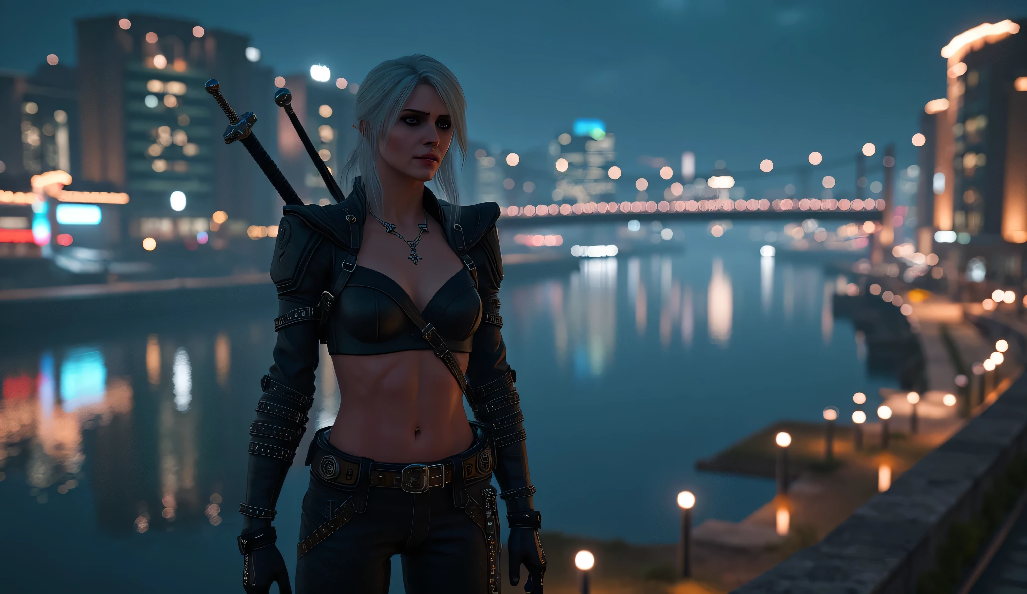 realistic photo, Ciri from The Witcher 3 smiles slyly , very high (the giantess), long strong legs , big breasts , sexy cyber punk clothes , athletic build , two swords behind , full-length photo , looking into the distance at the city at night with cyberpunk 2077 , Photo in great detail . Subjective camera ,