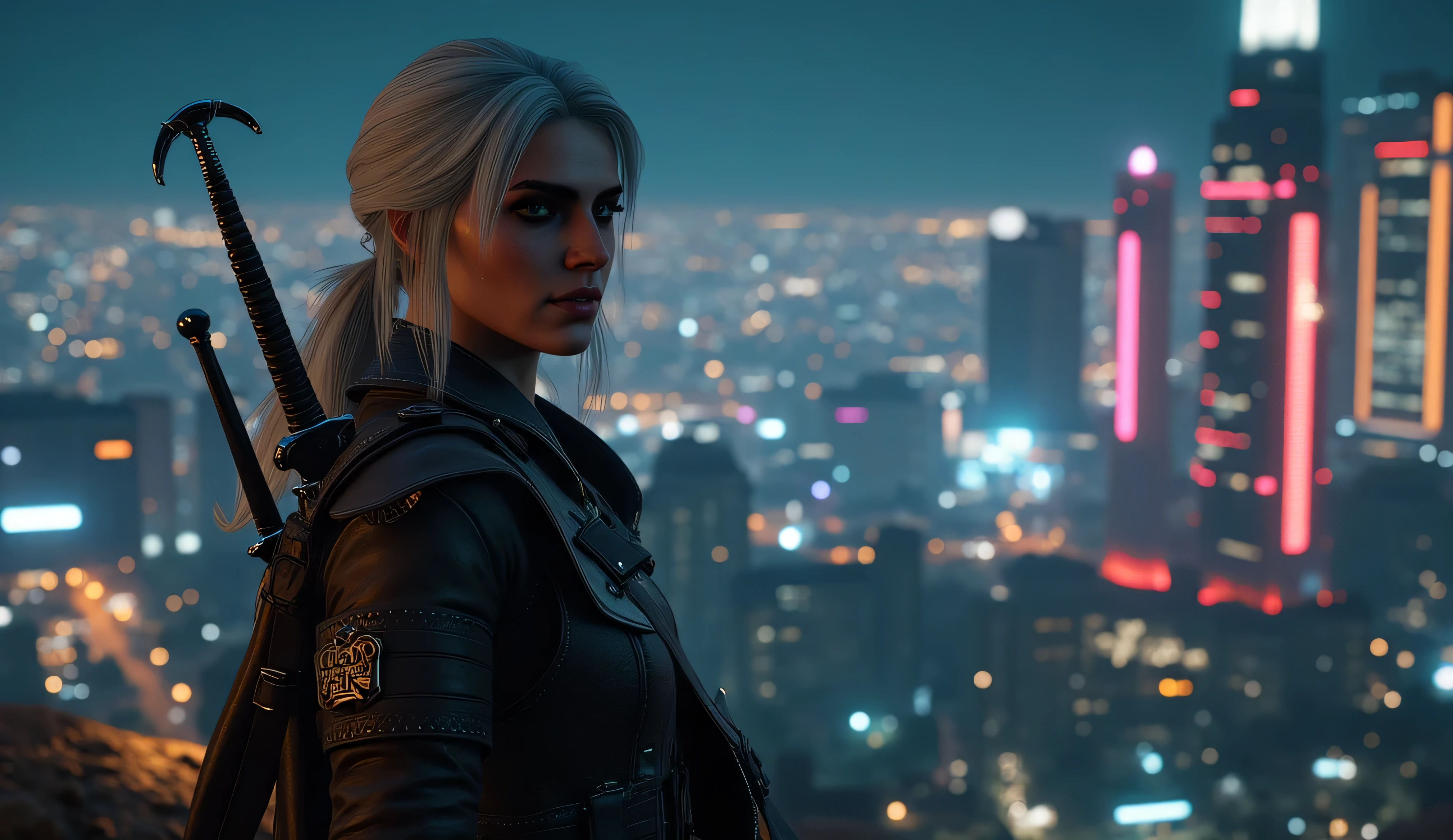 realistic photo, Ciri from The Witcher 3 smiles slyly , very high (the giantess), long strong legs , big breasts , sexy cyber punk clothes , athletic build , two swords behind , full-length photo , looking into the distance at the city at night with cyberpunk 2077 , Photo in great detail . Subjective camera ,