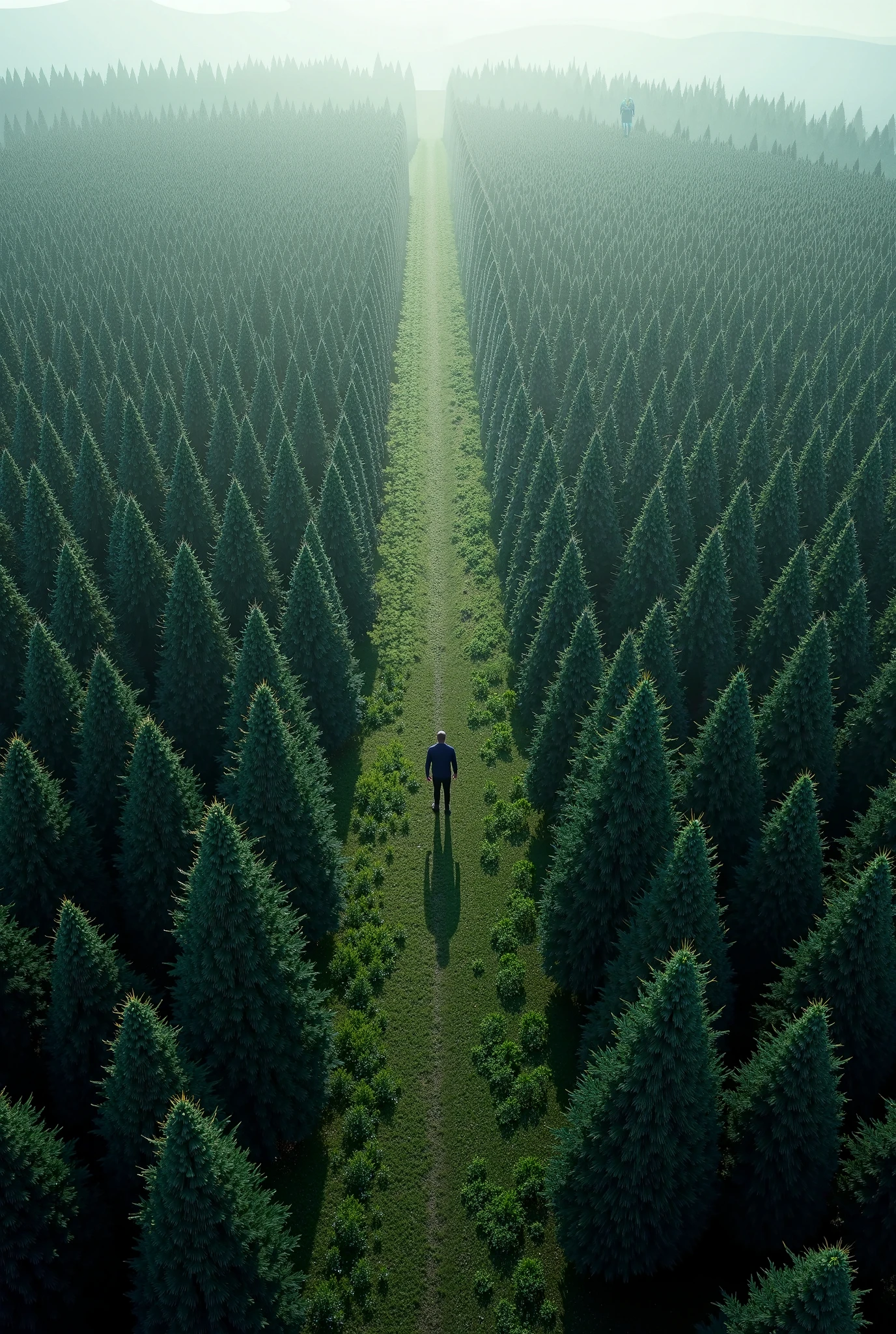 Create an image seen from above , of 900 trees and a person standing in the middle