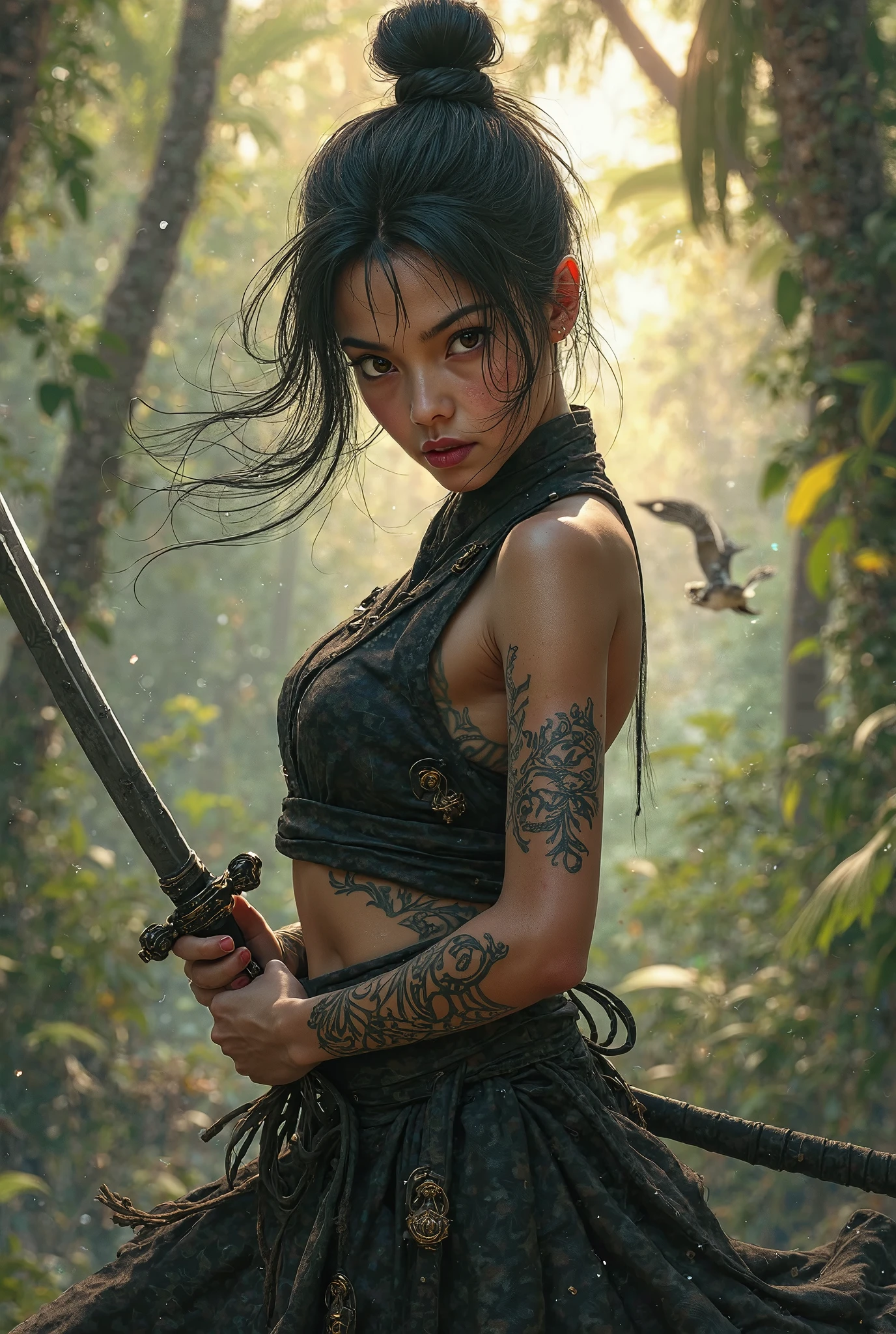An elf with samurai bun hair, exposing his oriental tattoos, wielding a katana sword