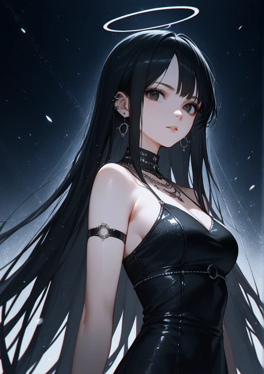 core_9,score_8_up,score_7_up,score_6_up, solo, face, Girl, Goth Girl, black hair, black eye, black halo, long hair, , (((jewelry))), black backgrounds, particles, ((anime)), look at viewer,