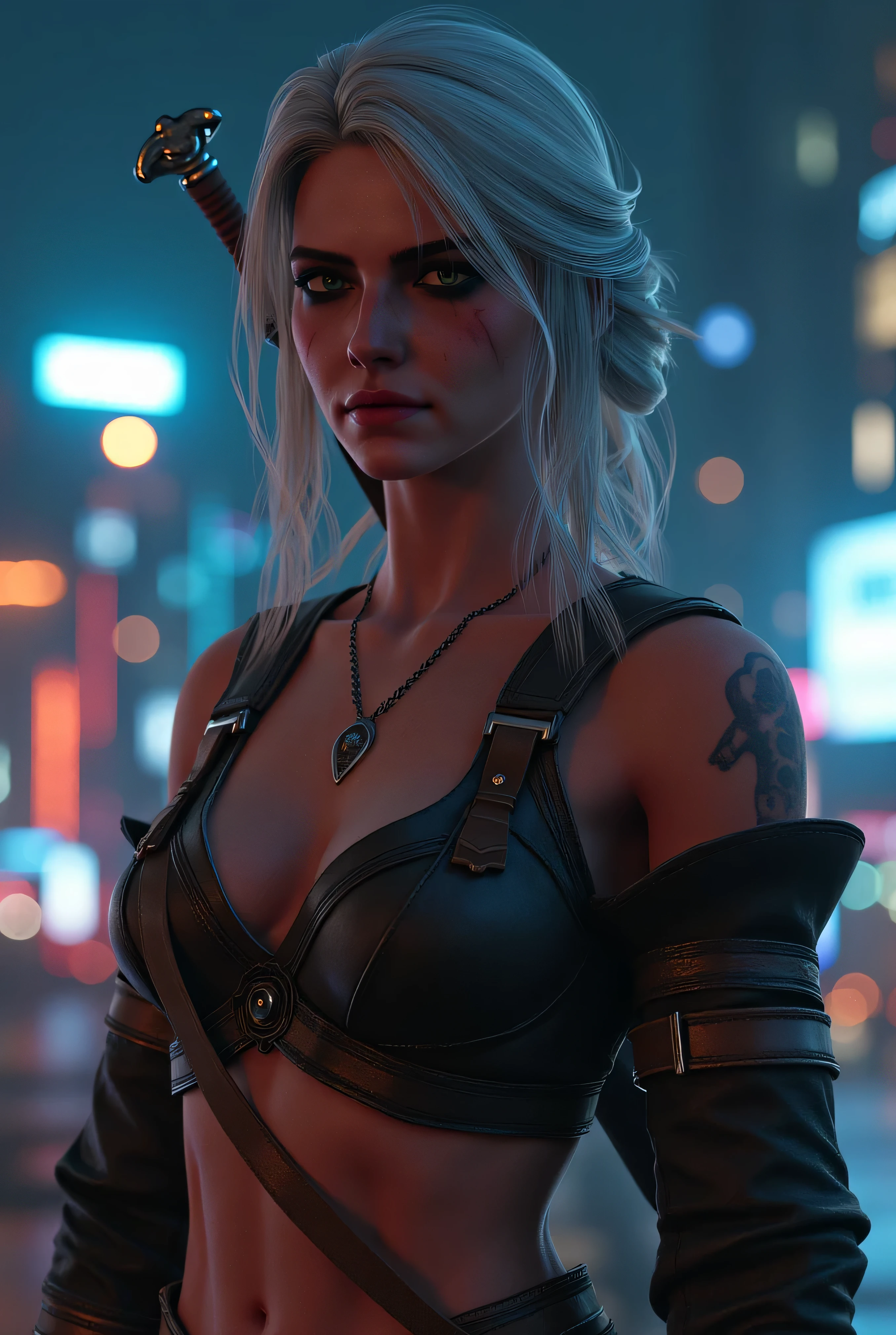 realistic photo, Ciri from The Witcher 3 smiles slyly , very high (the giantess), long strong legs , big breasts , sexy cyber punk clothes , athletic build , two swords behind , full-length photo , looking into the distance at the city at night with cyberpunk 2077 , Photo in great detail . Subjective camera ,