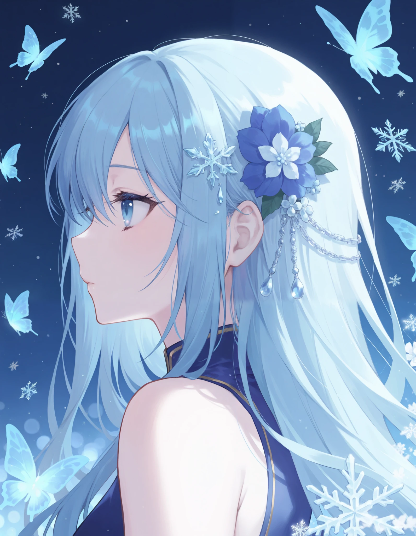 masterpiece, best quality ,1girl, snowflakes, solo, hair ornament, bug, flower, butterfly, blue eyes, portrait, hair flower, profile, snowflake hair ornament, blue flower, blue hair, blue butterfly, long hair, closed mouth, blue theme, eyelashes, looking ahead,