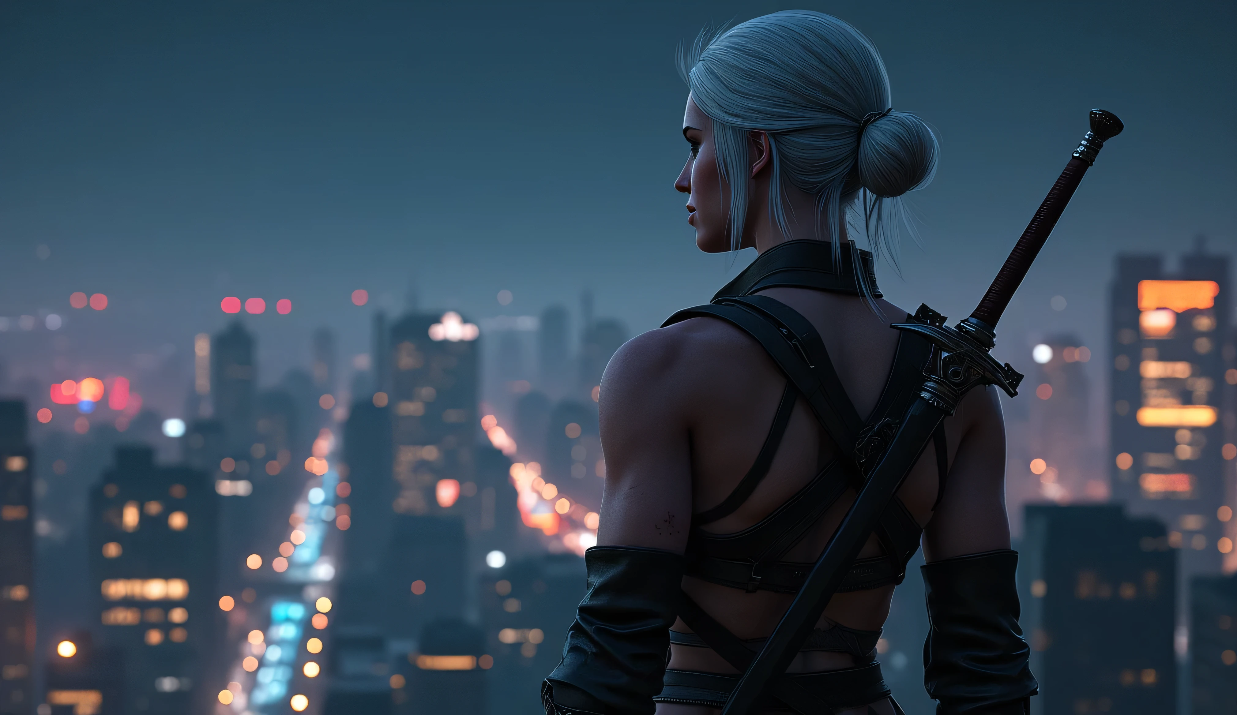 realistic photo, Ciri from The Witcher 3 smiles slyly , very high (the giantess), long strong legs , big breasts , sexy cyber punk clothes , athletic build , two swords behind , full-length photo , looking into the distance at the city at night with cyberpunk 2077 , Photo in great detail . Subjective camera ,