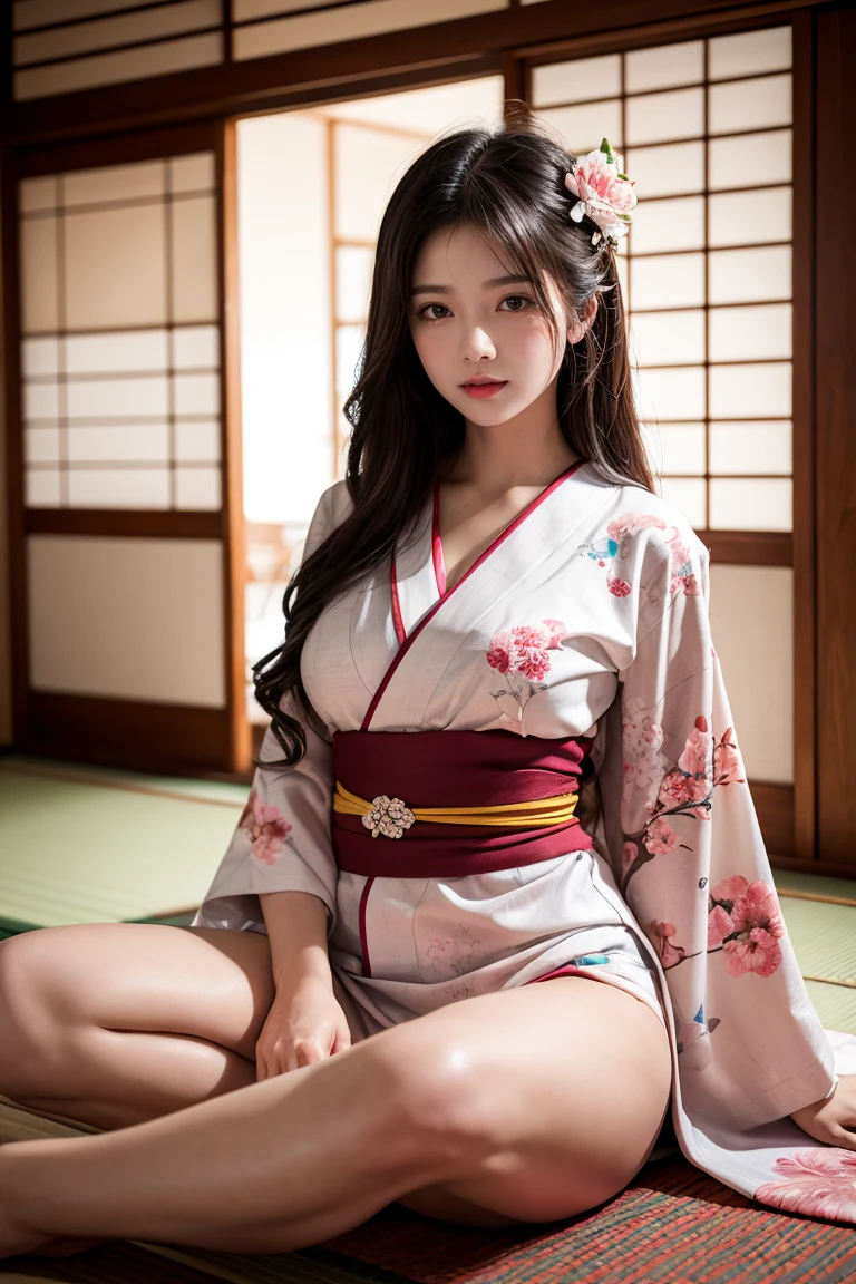 1womanl、(Super beautiful)、(beauitful face:1.5)、(Sit in a tea room in a temple in Japan)、with spreading legs、(Showing white panties)、(Floral kimono:1.2)