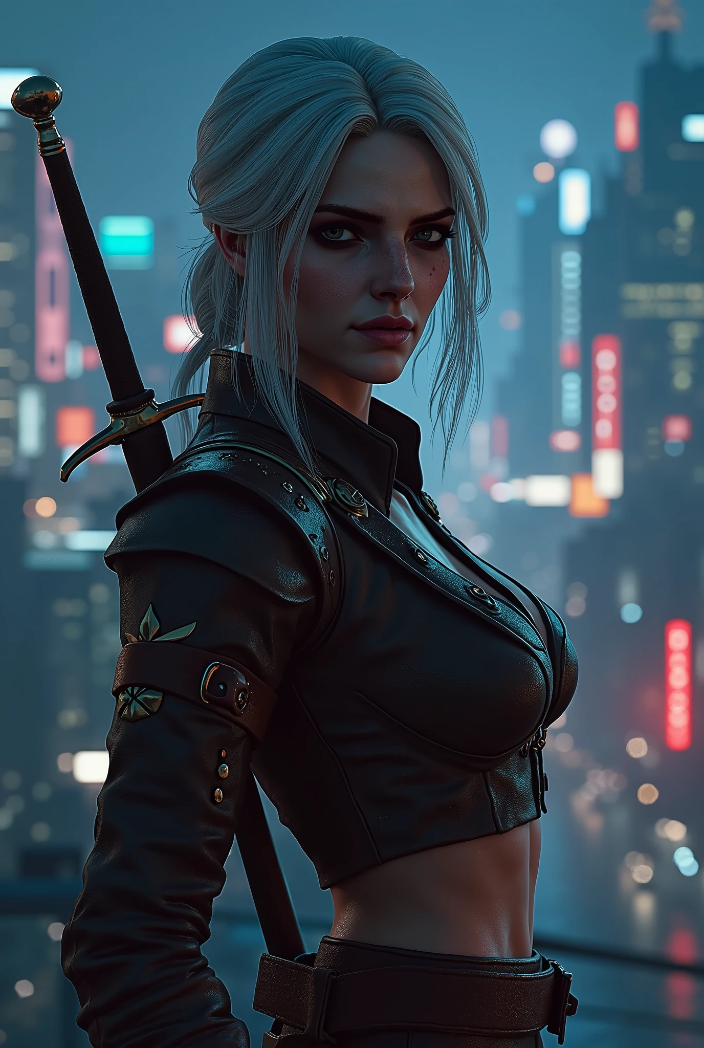 realistic photo, Ciri from The Witcher 3 smiles slyly , very high (the giantess), long strong legs , big breasts , sexy cyber punk clothes , athletic build , two swords behind , full-length photo , looking into the distance at the city at night with cyberpunk 2077 , Photo in great detail . Subjective camera ,