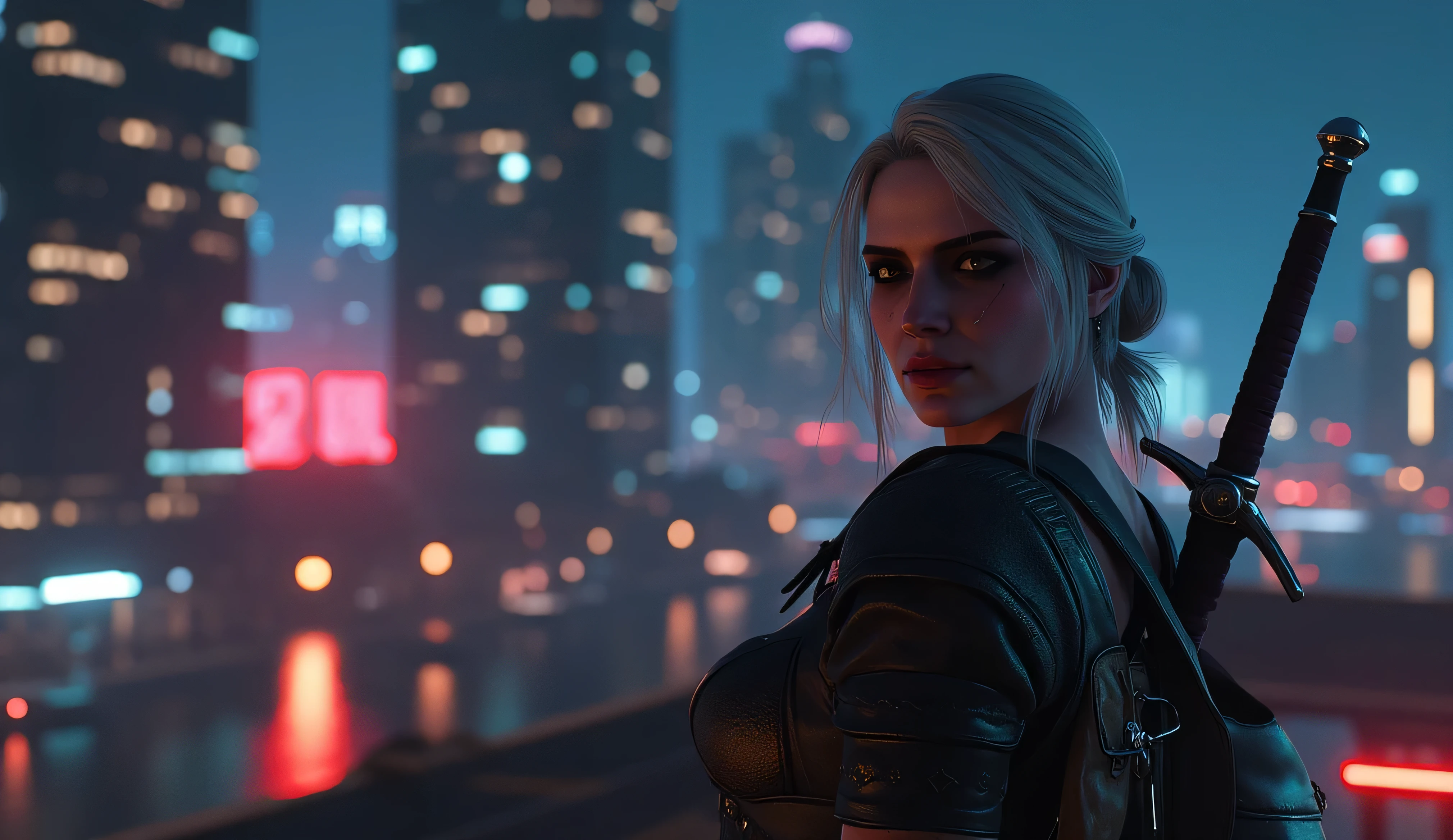 realistic photo, Ciri from The Witcher 3 smiles slyly , very high (the giantess), long strong legs , big breasts , sexy cyber punk clothes , athletic build , two swords behind , full-length photo , looking into the distance at the city at night with cyberpunk 2077 , Photo in great detail . Subjective camera ,