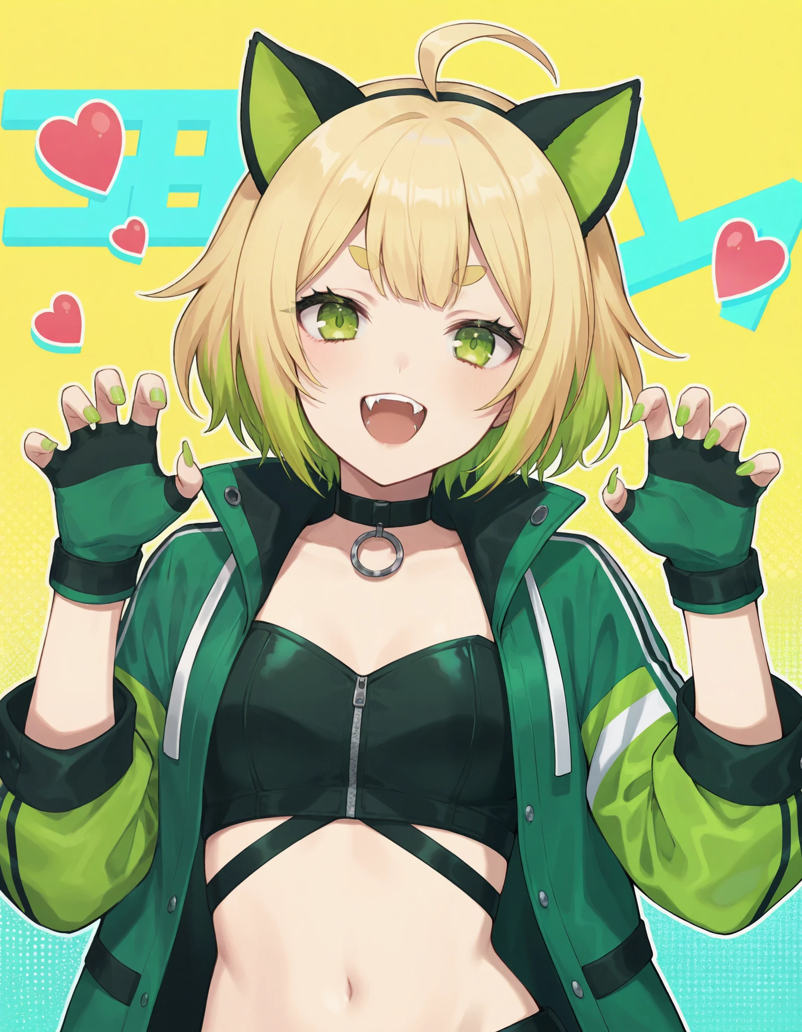 masterpiece, best quality1girl, solo, gloves, fangs, open mouth, navel, ahoge, green nails, jacket, looking at viewer, animal ears, smile, claw pose, upper body, green eyes, blonde hair, green hair, fake animal ears, short hair, heart, short eyebrows, nail polish, choker, multicolored hair, open jacket, halftone, green gloves, thick eyebrows, black gloves, midriff, colorful ,