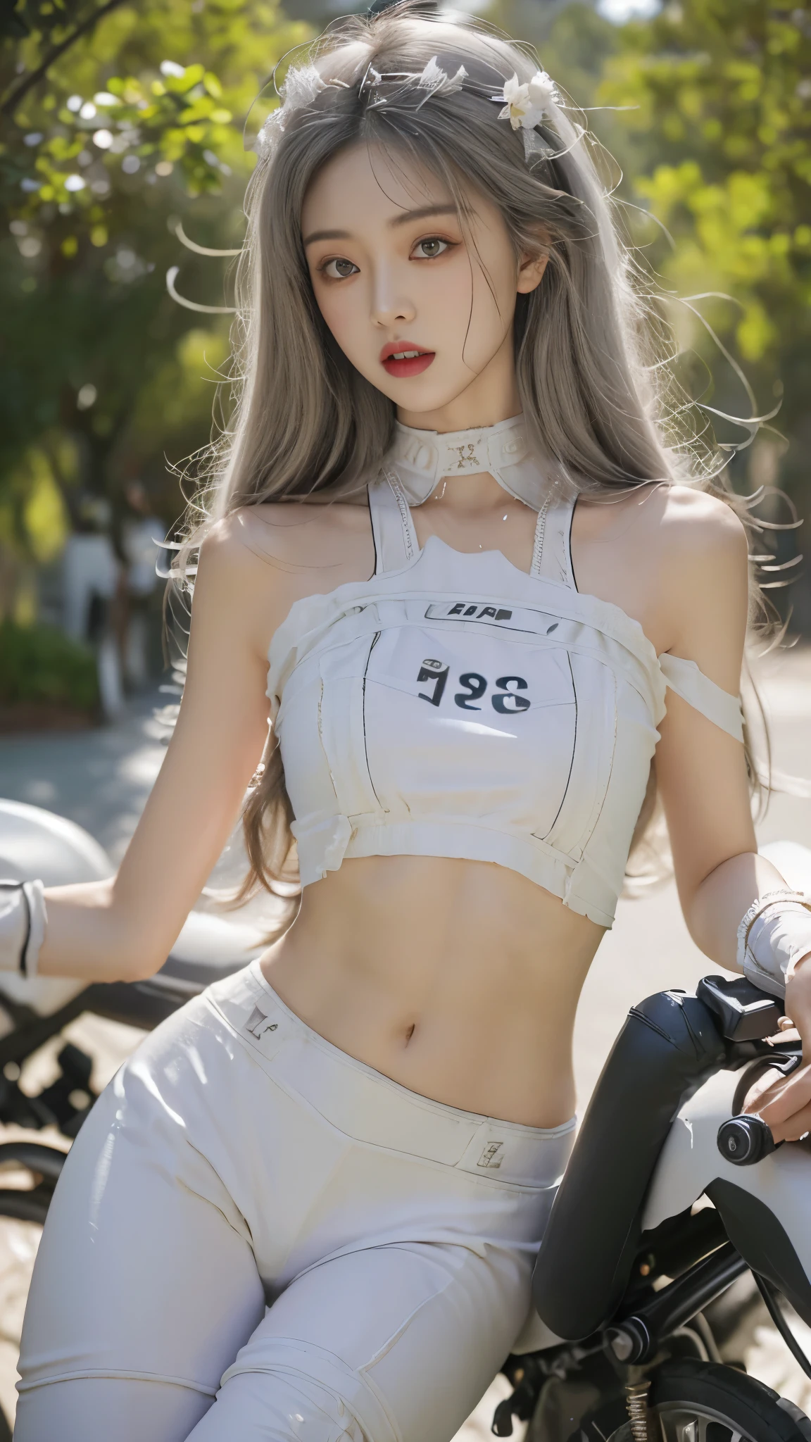 1 Sister,Wear a tight pink and white racing suit,Bigger thighs come to you,Hold the handlebars of your motorcycle,(riding a motorcycle:1.2),navel,looking at the viewer only,Midnight Street,movie lighting,NSFW,((Best quality,8K,tmasterpiece:1.3))),Clear focus:1.2,(Layered trimming,bigger:1.2),Beautiful Women in Perfect Figure:1.4,Slim abs:1.2,Moist body:1.5,Highly Detailed Face and Skin Textur,detailed eyes,double eyelid,Long gray hair
