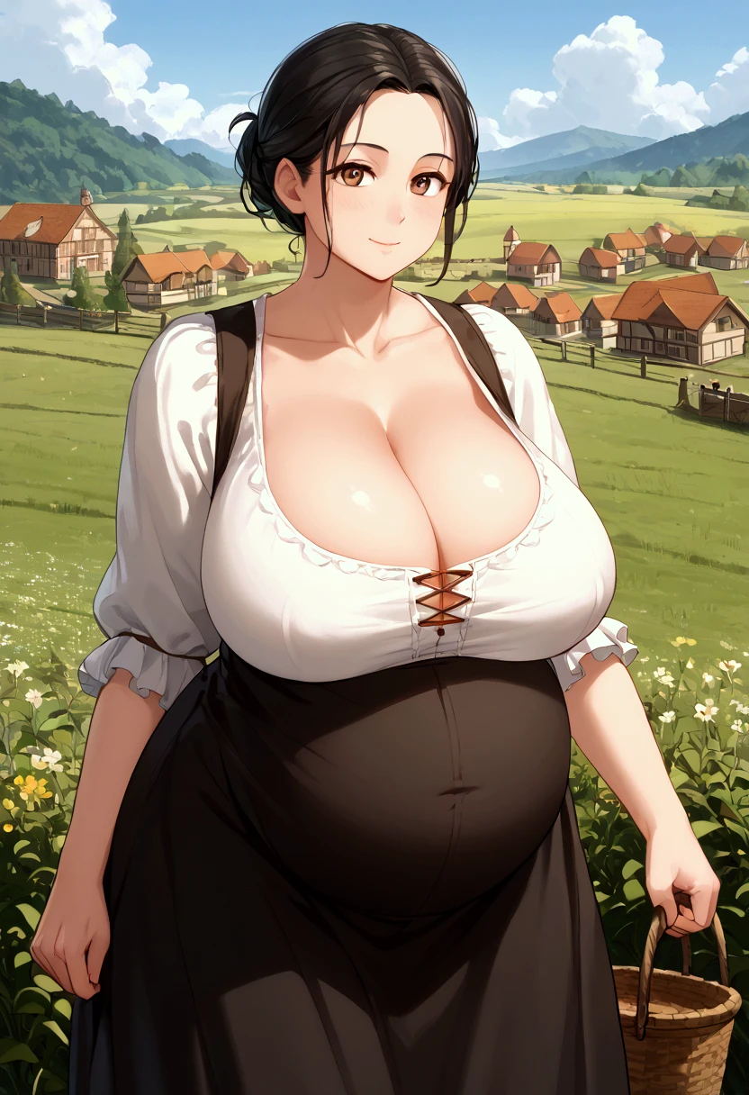 Female character, Brown hair, green eyes, very Super big big breasts, farmer's clothing tight, marked nipples, sad look, sad smile, hands together, her breasts fall from her hands, 37 year old woman, milf, belly chubby, Farmer's clothes, commoner's clothes, poor woman clothes 