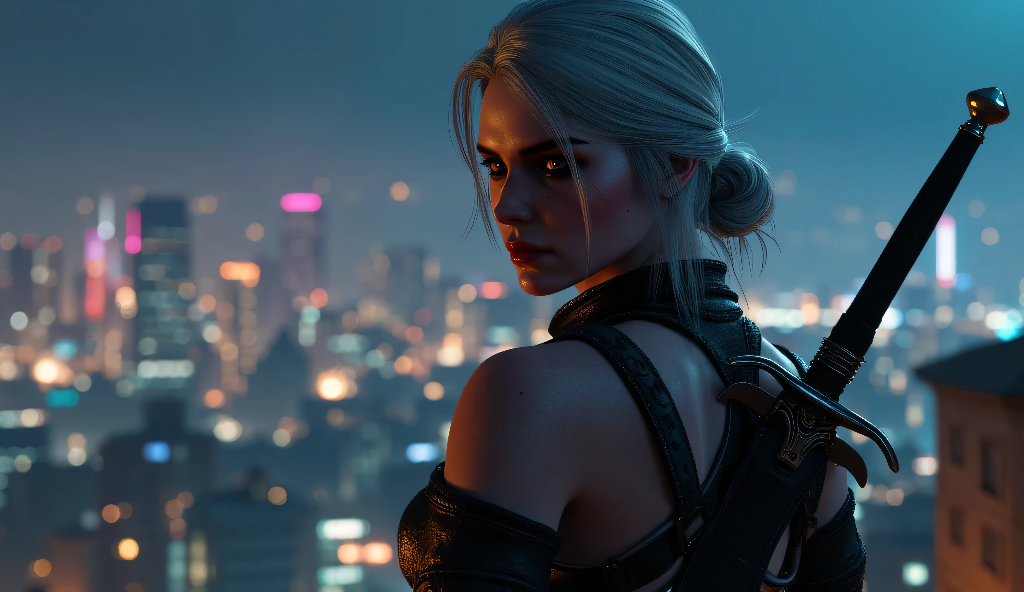 realistic photo, Ciri from The Witcher 3 smiles slyly , very high (the giantess), long strong legs , big breasts , sexy cyber punk clothes , athletic build , two swords behind , full-length photo , looking into the distance at the city at night with cyberpunk 2077 , Photo in great detail . Subjective camera ,
