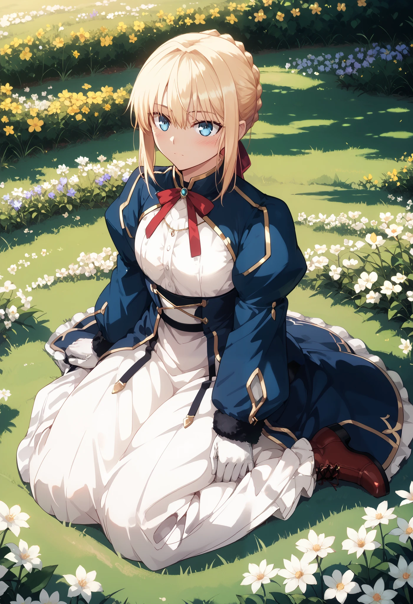 masterpiece、 best quality 、 Highest Resolution 、 noise removal 、Extremely clear and sharp images、 violet evergarden,  Blog, ,Blue Eyes,  blue jacket,  blondes,  braided ,  red ribbon  ,Fluffy sleeves,  gloves, null, Flower Field, Best lighting,  full body,  boots, Look up,  white long skirt, Eyeliner、Exquisite depiction of eyes、 face focus