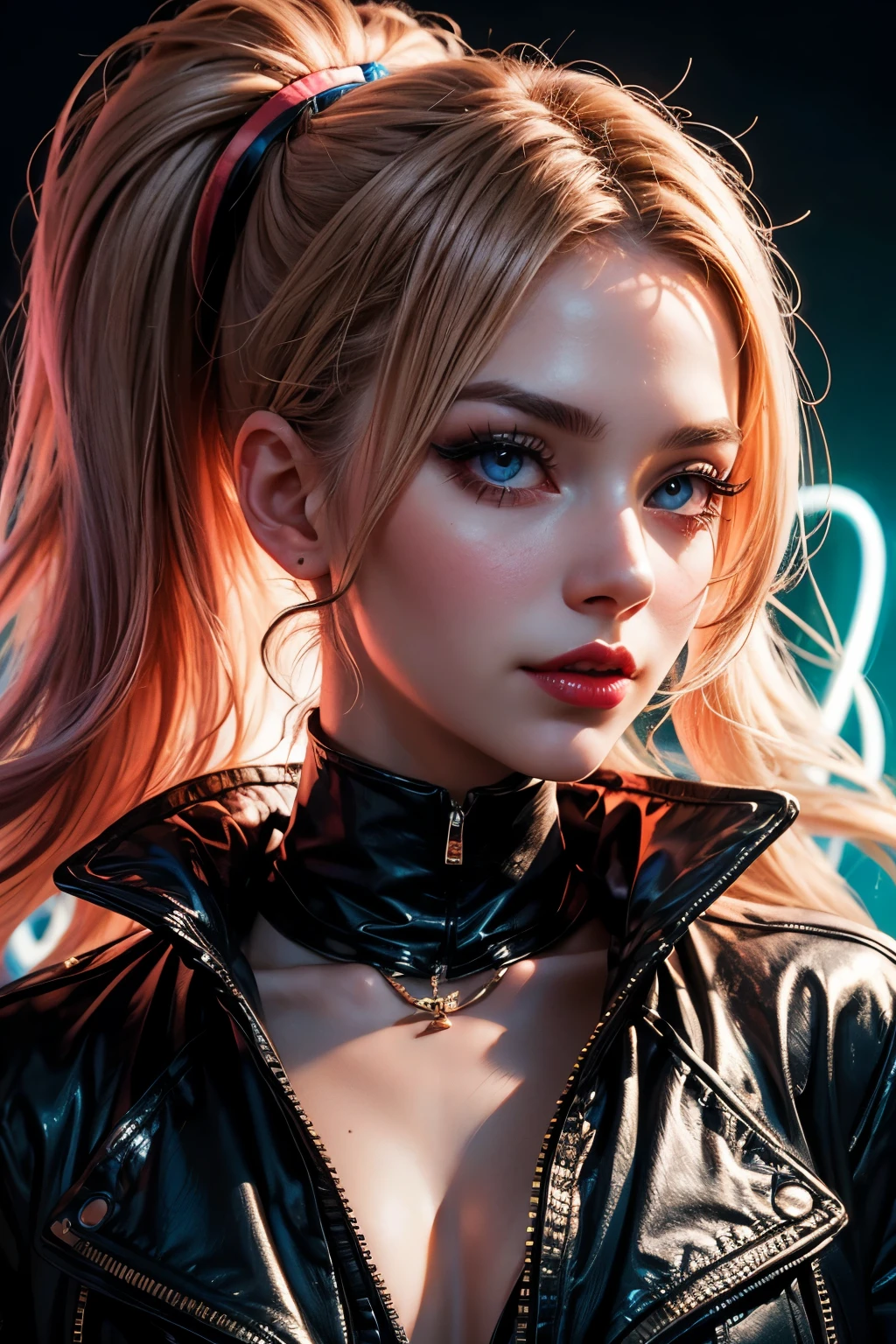 A beautiful and sweet cyberpunk blonde, a digital painting of a woman with Love Makeup with arrows, Heart-shaped makeup, cgsociety, gothic art, dystopian art, detailed painting, behance hd, figurative art, anime aesthetic, deep photography, Ilford HP5 film, crushed blacks, depth of field, dark photo, film grain, shadows, natural light