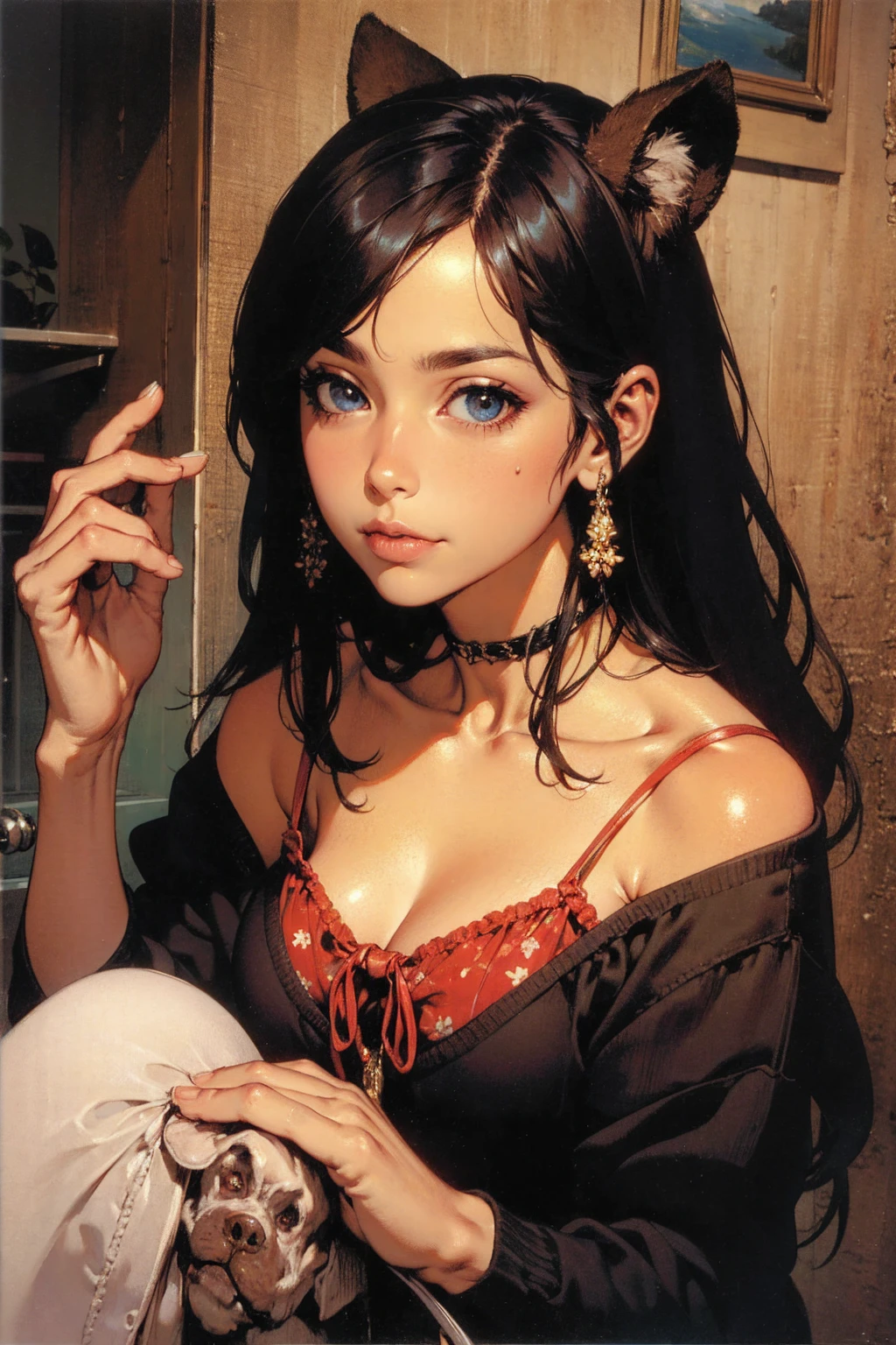1 girl, solo, red eyes, cat ears, brunette, straight long hair, wearing bottom lip pierce, wearing earrings, wearing a black velvet choker, wearing a black velvet lingerie, sitting on couch, long eyelashes, wearing soft makeup