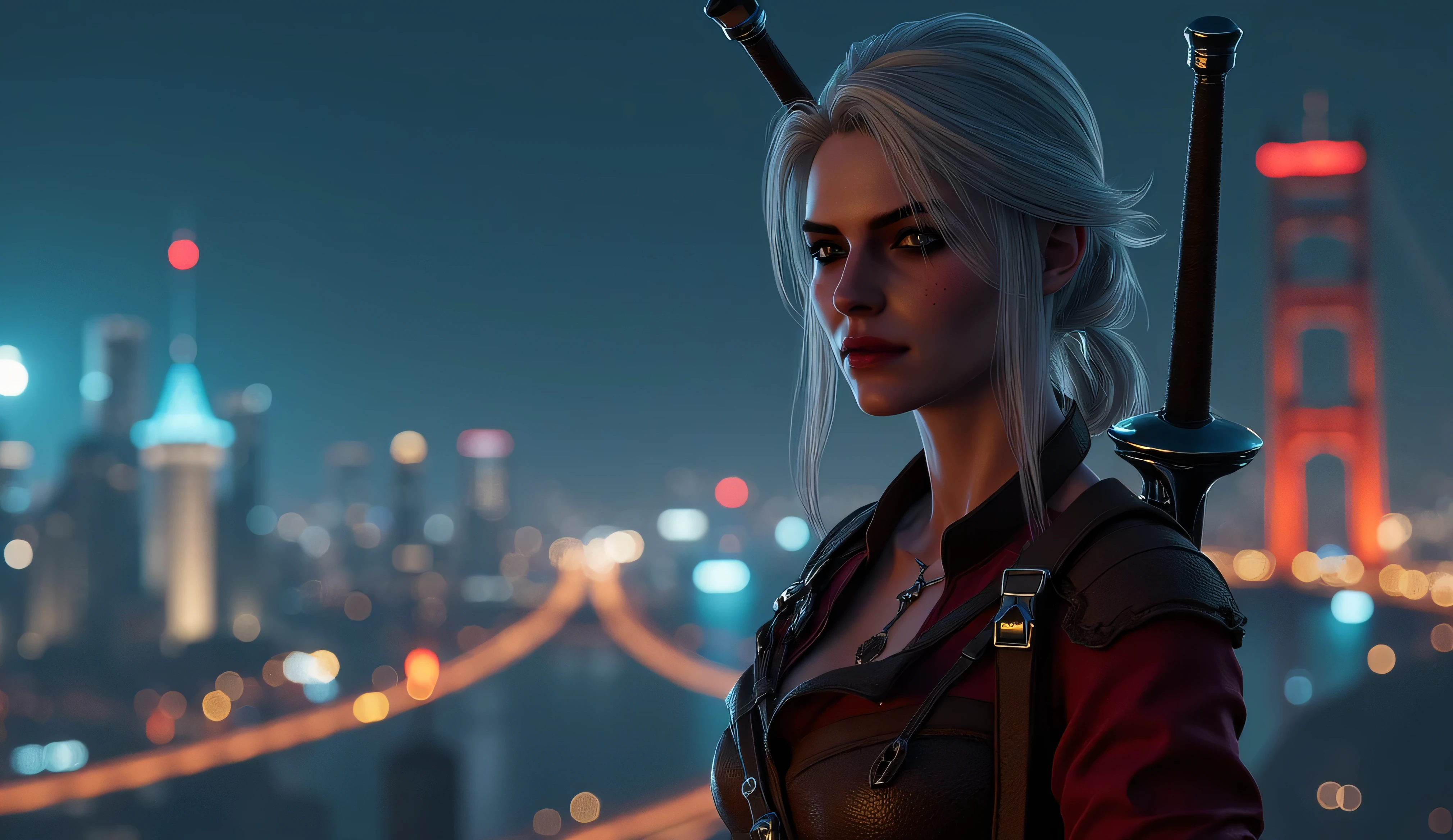 realistic photo, Ciri from The Witcher 3 smiles slyly , very high (the giantess), long strong legs , big breasts , sexy cyber punk clothes , athletic build , two swords behind , full-length photo , looking into the distance at the city at night with cyberpunk 2077 , Photo in great detail . Subjective camera ,