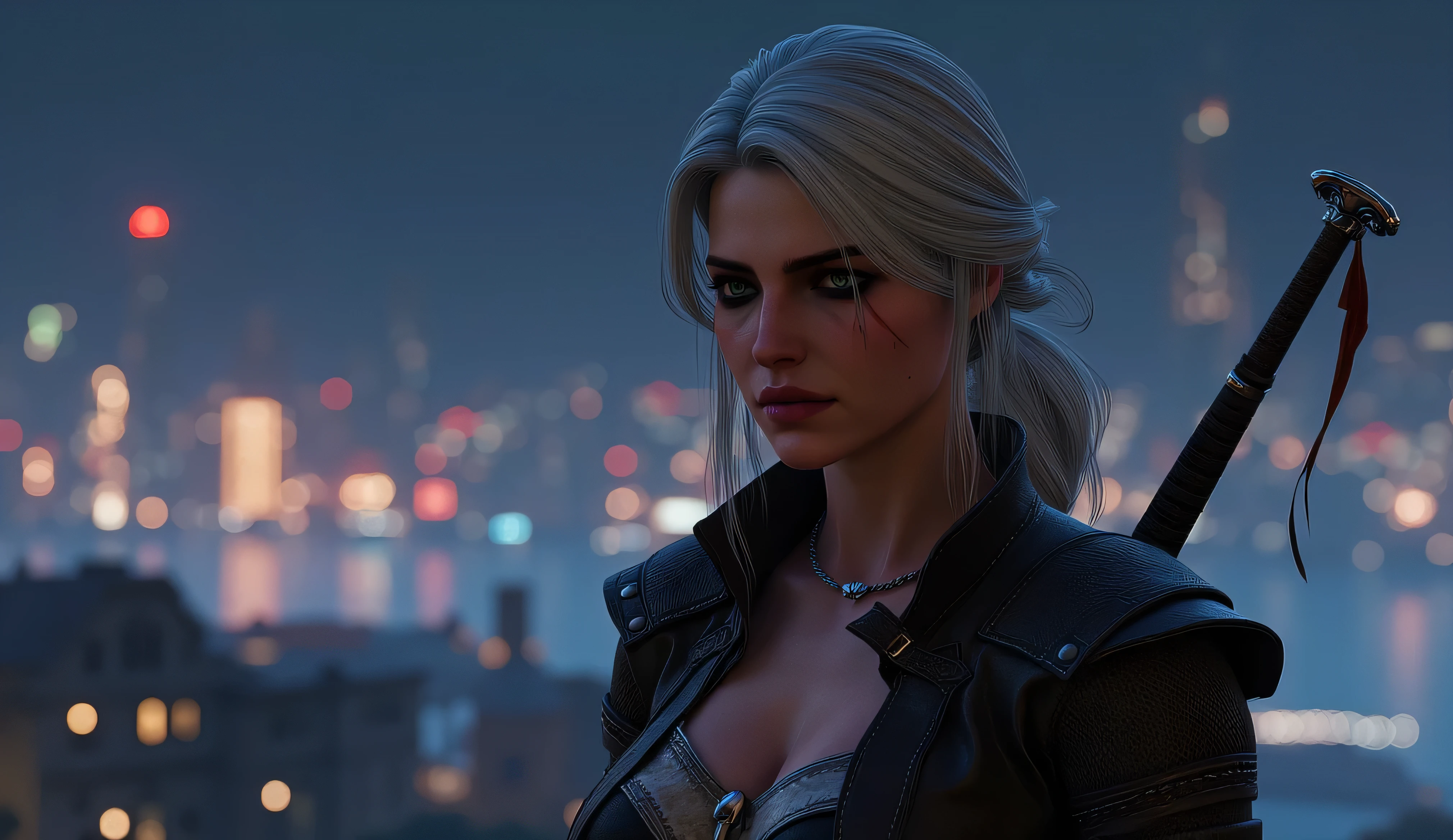 realistic photo, Ciri from The Witcher 3 smiles slyly , very high (the giantess), long strong legs , big breasts , sexy cyber punk clothes , athletic build , two swords behind , full-length photo , looking into the distance at the city at night with cyberpunk 2077 , Photo in great detail . Subjective camera ,