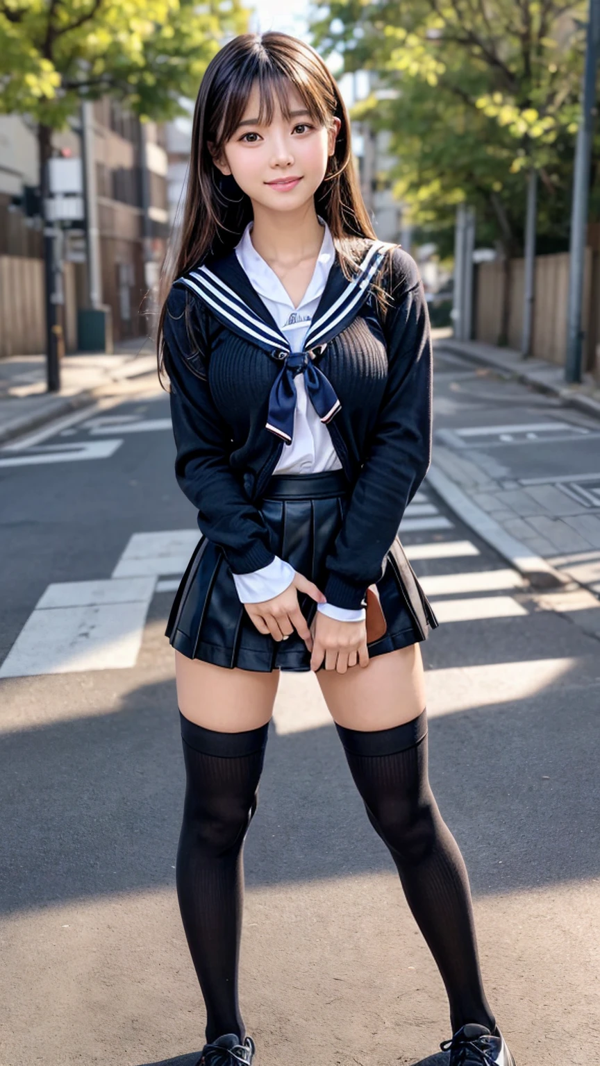 (((masterpiece, Highest quality, High resolution, 超High resolution, Pixel Perfect, Written boundary depth, 4K, RTTX10.0))), Exact finger count、Exact number of legs、(Exact number of arms:1.0, Exact number of hands:1.0), (Perfect hands, Perfect Anatomy), Cinematic, Realistic, Extremely detailed CG, night lighting, Perfect lighting, Best Shadow, The best natural light, whole body, Perfect body, Plump body, short hair, smile, ((Woman showing off her panties:1.3)), (school uniform, Sailor suit, Knee-high socks, loafers, Navy pleated mini skirt:1.3), (Sexy and cute panties), (Stylish shiny satin pink panties:1.2), Side tie panties, Lace panties:1, Feeling embarrassed, (blush:1.2), (Embarrassed expression:1.4), (On the streets of the entertainment district at night:1.3), Angle from the front