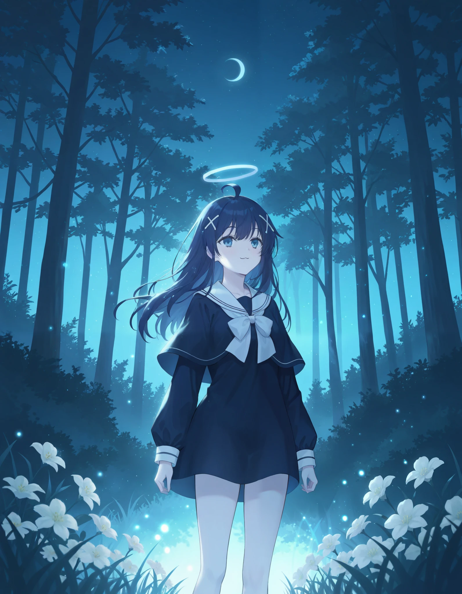 EEE,white sailor collar,dark blue serafuku,white bowtie,x hair ornament,halo,no pants,long shirt,medium hair,:3,1girl, blue theme, solo, scenery, long hair, tree, outdoors, night, nature, fantasy, dress, forest, ahoge, grass, capelet, light particles, flower, sky, standing ,x hair ornament