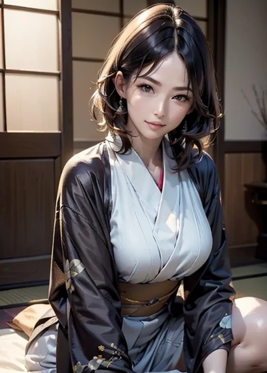 (masterpiece, best quality), 1girl, pokemonerika, (yellow eyes:1.5), black hair, headband, short hair, japanese clothes, kimono, hakama, NSFW, 21 year old girl, large breasts, curvy, red hakama, long sleeves, wide sleeves,