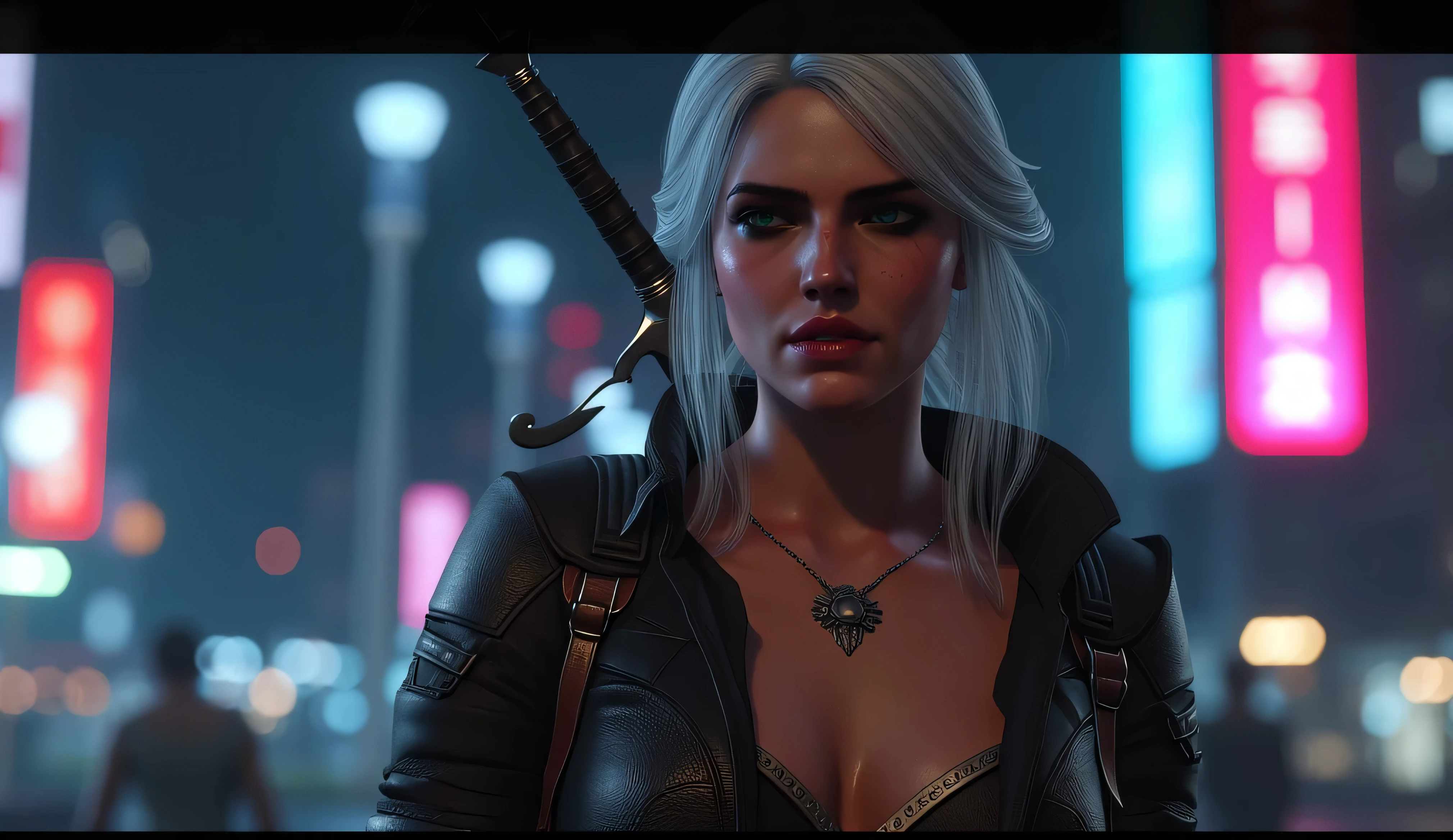 realistic photo, Ciri from The Witcher 3 smiles slyly , very high (the giantess), long strong legs , big breasts , sexy cyber punk clothes , athletic build , two swords behind , at arm's length holds miniature Geralt with the Witcher 3 , full-length photo , night city with cyberpunk 2077 in the background , Photo in great detail . Subjective camera ,