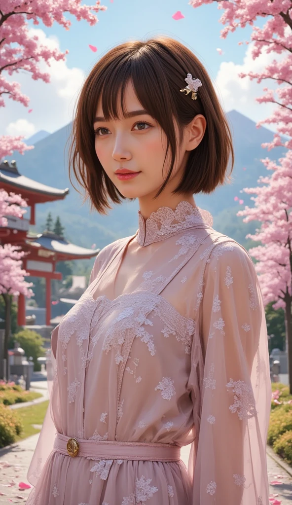 beautiful japanese young woman, wearing hazmat suit  made of silver, thick symmetrical features, very short hair, background is cherry blossoms, pink aura, red lips, octane render,