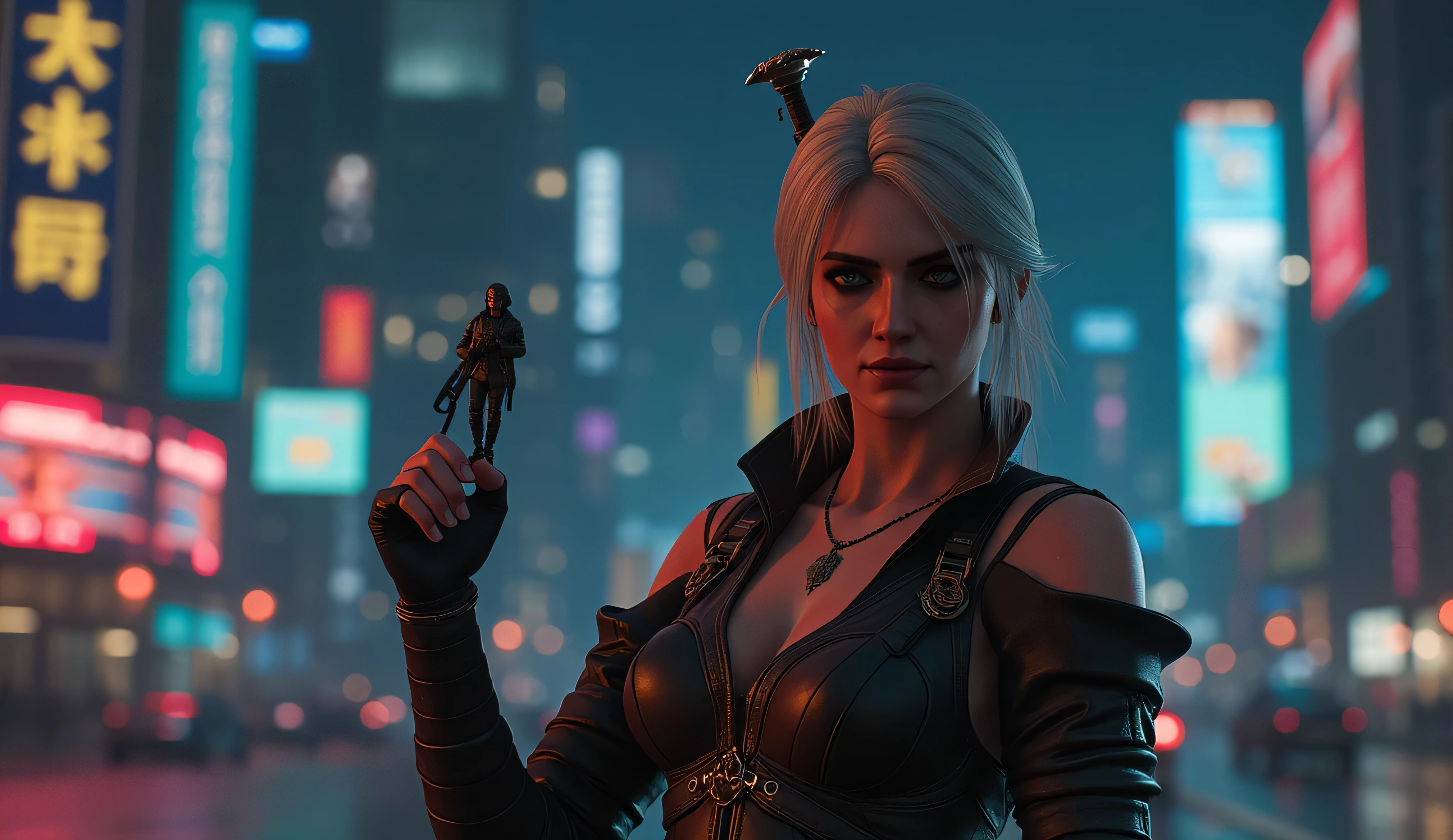realistic photo, Ciri from The Witcher 3 smiles slyly , very high (the giantess), long strong legs , big breasts , sexy cyber punk clothes , athletic build , two swords behind , at arm's length holds miniature Geralt with the Witcher 3 , full-length photo , night city with cyberpunk 2077 in the background , Photo in great detail . Subjective camera ,