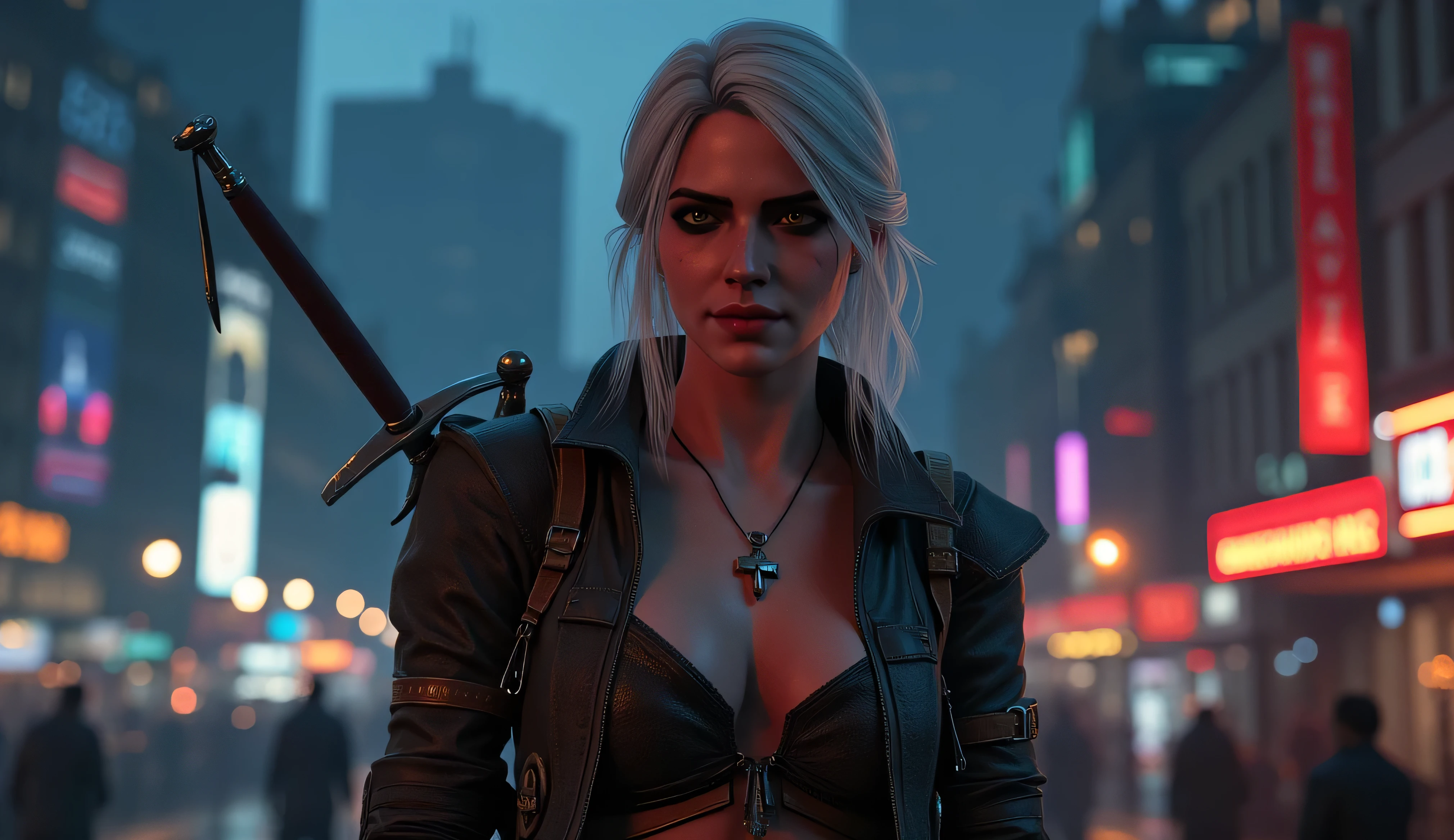 realistic photo, Ciri from The Witcher 3 smiles slyly , very high (the giantess), long strong legs , big breasts , sexy cyber punk clothes , athletic build , two swords behind , at arm's length holds miniature Geralt with the Witcher 3 , full-length photo , night city with cyberpunk 2077 in the background , Photo in great detail . Subjective camera ,