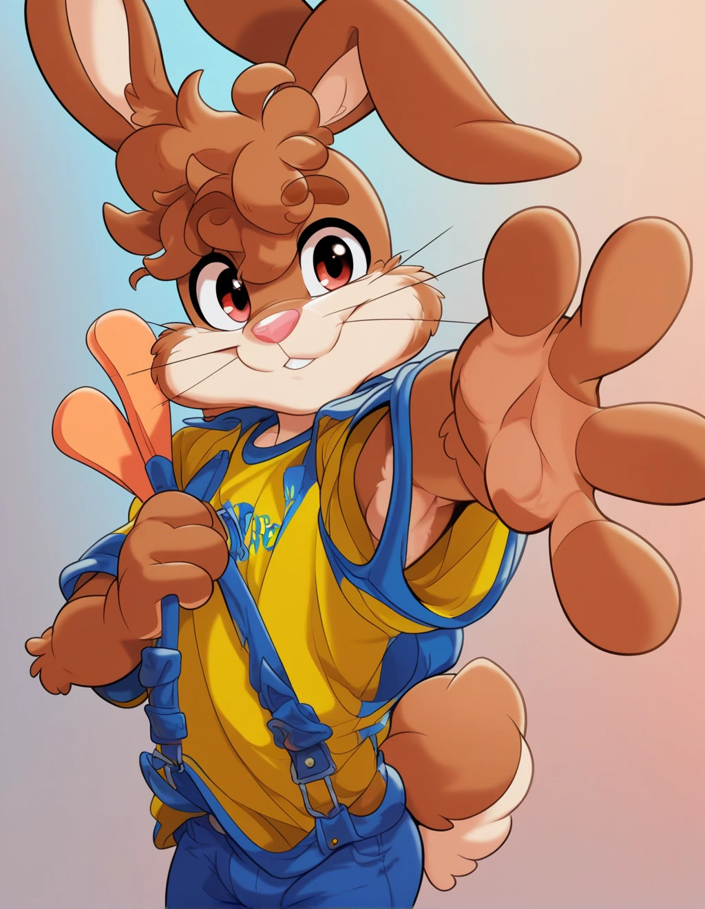 zPDXL3,quicky,4 fingers,brown fur,pants, yellow shirt, standing, young 20 year old adult, cute version of quicky, cute puffy rabbit hair, furry, rabbit, male, gay, femboy, handsome, two extremely handsome rabbits standing by side, slim,solo,looking_at_viewer,