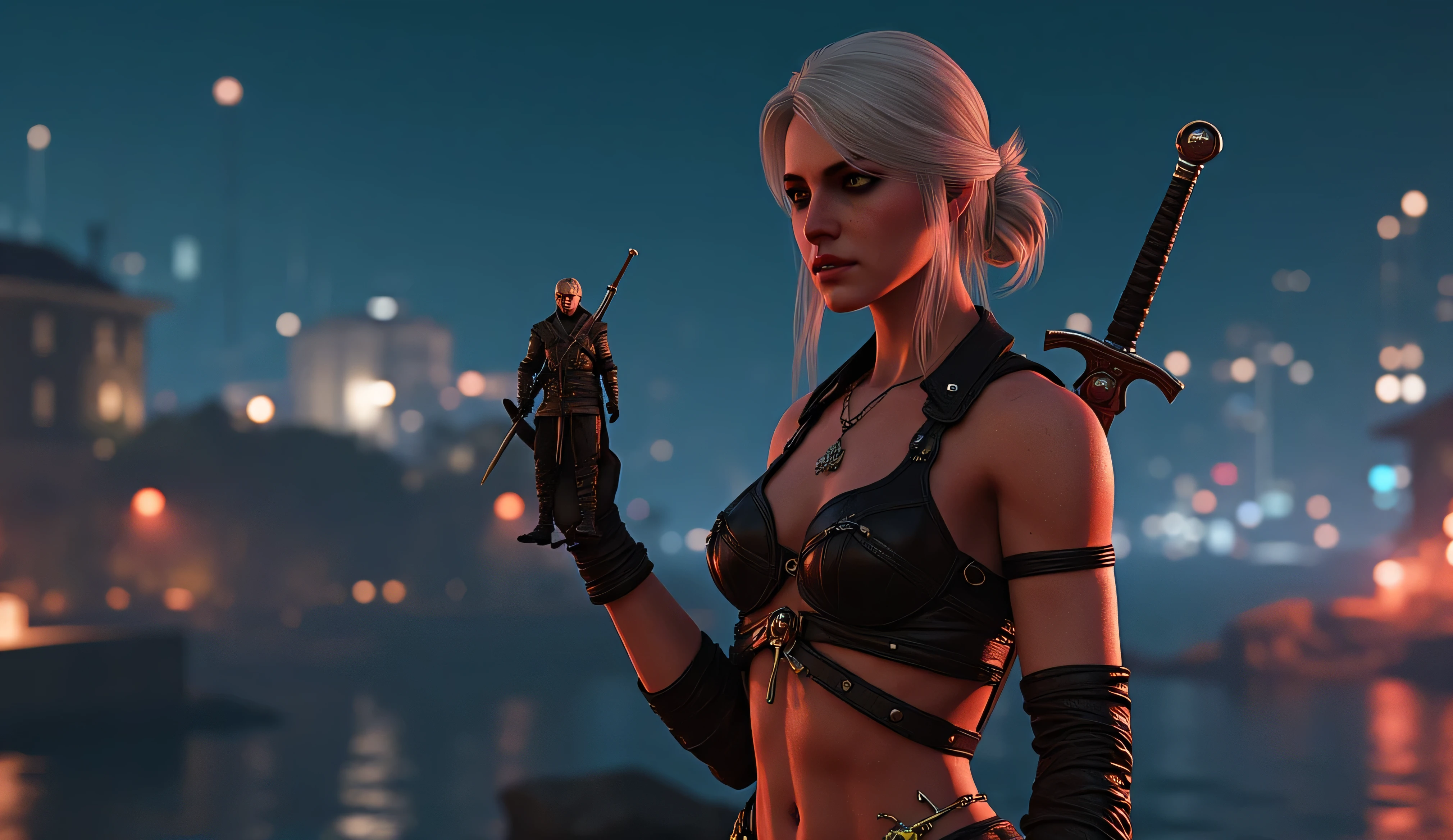 realistic photo , Ciri from The Witcher 3 smiles slyly , very high (the giantess), at arm's length holds miniature Geralt with the Witcher 3 , long strong legs , big breasts , sexy cyber punk clothes , athletic build , two swords behind , full-length photo , night city with cyberpunk 2077 in the background , Photo in great detail . Subjective camera ,