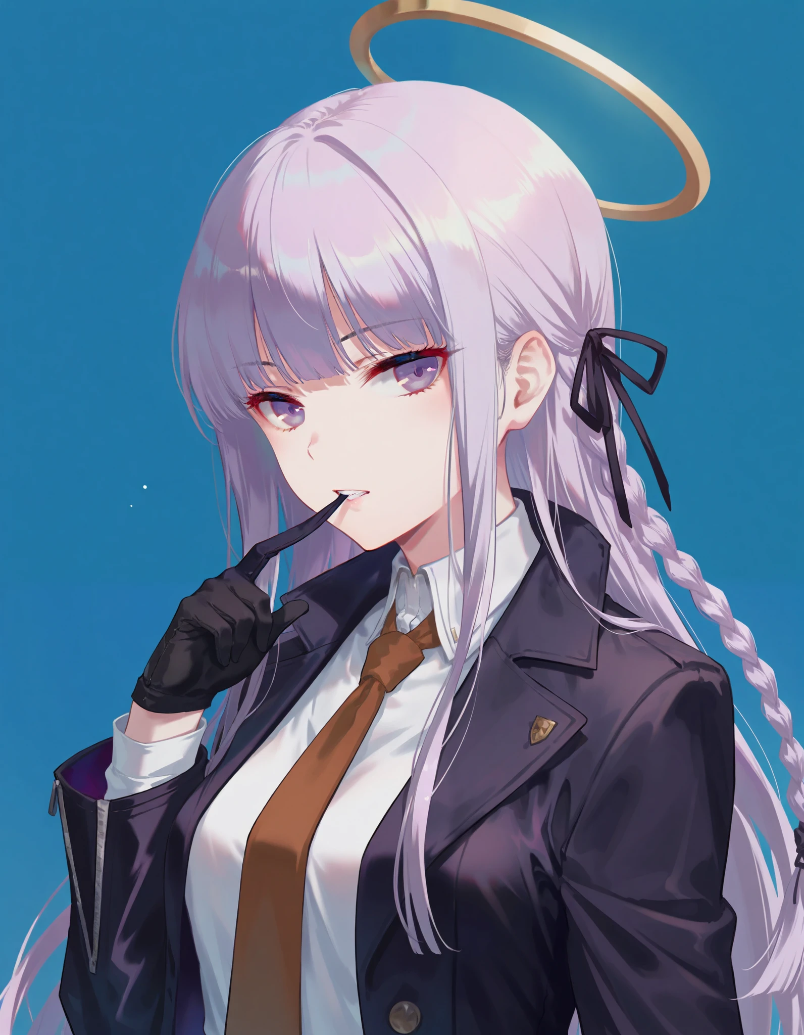 artist:ke-ta, artist:40hara, [artist:As109], artist:Torino,artist:ask(askzy),[artist:sho_(sho_lwlw)],artist:wlop,[artist:Rella],[artist:omone hokoma agm], official art, 
1girl, solo, long hair, gloves, kirigiri kyoko, ribbon, shirt, braid, black gloves, necktie, hair ribbon, jacket, black ribbon, white shirt, teeth, looking at viewer, purple eyes, upper body, collared shirt, open clothes, long sleeves, side braid, open jacket, biting, glove biting, halo, black jacket, hand up, brown necktie, purple hair, mouth hold, breasts, from side 
,,,masterpiece, best quality, newest, masterpiece, best quality, very aesthetic, highres, highres, absurdres