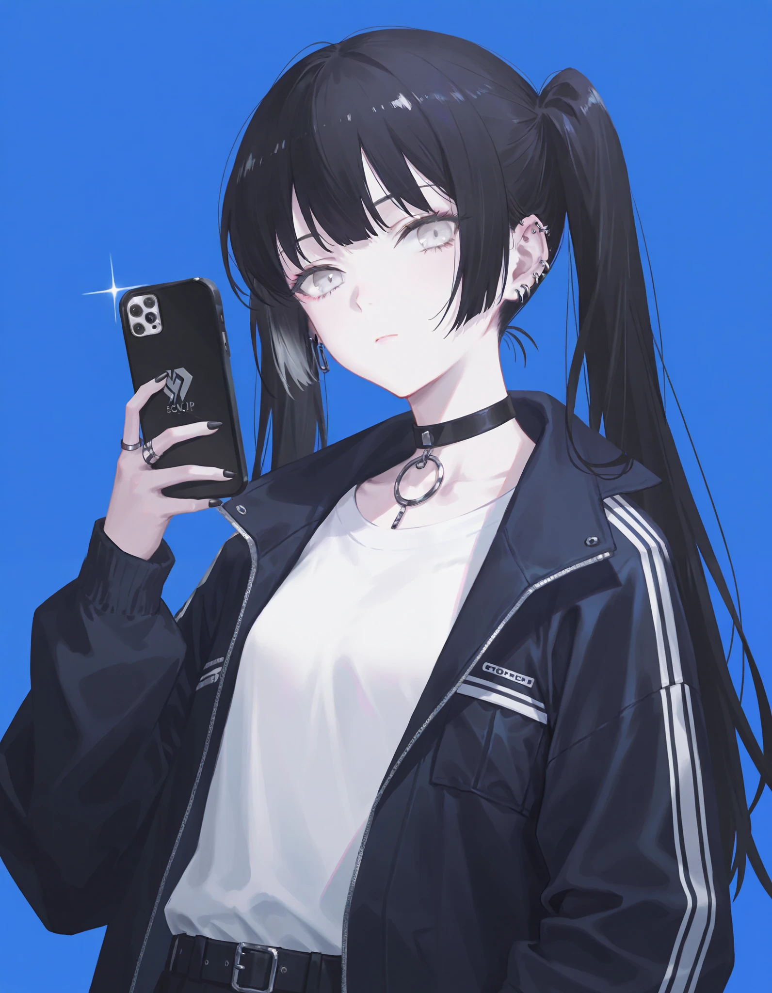 (artist:ningen_mame:0.7),(artist:reoen:0.85),(nababa:0.3),(wanke:0.4),(modare:0.6),(wlop:0.6),(rei_(sanbonzakura):0.4),
1girl, solo, jewelry, twintails, holding, choker, earrings, upper body, long hair, black hair, blue background, closed mouth, blue theme, looking at viewer, long sleeves, phone, piercing, black choker, ear piercing, multicolored hair, black nails, shirt, white eyes, jacket, holding phone, can
,,,masterpiece, best quality, newest, masterpiece, best quality, very aesthetic, highres, highres, absurdres
