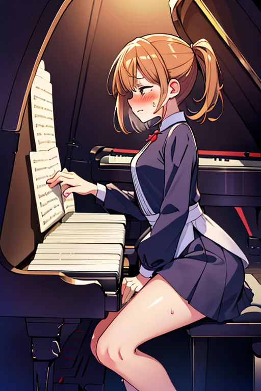 (ultra-detailed, best quality, anatomically perfect body), full body, (medium :1.3), shiny skin, young girl, performance dress, (have to :1.1), (urge to :1.3), (only one person peeing self:1.1), (very desperate to :1.4), bladder full, (piano performance:1.5), (only one hand playing piano:1.2), (heavily bending forward:1.5), (knees together and feet apart:1.3), (Rub each other's thighs:1.3), leaning forward, (only one hand holding between legs:1.6), (stroking own abdomen:0.7), (stroking one's own thighs:1.3), (nose blush:1.4), (embarrassment:1.5), (flustered:1.4), (fidgeting around:1.3), (flowing sweat), (parted lips), (mouth opened:1.2), (panic face:1.6),(super worried face:1.5), ( body twist:1.4), panting, (breathless:1.2), (closed eye:0.9), looking away, (sitting directly facing piano:1.5), (crisis:1.2), Convulsions, (view from distance:1.5) (from side:1.5),