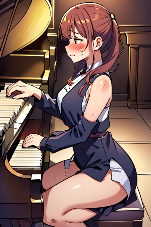 (ultra-detailed, best quality, anatomically perfect body), full body, (medium :1.3), shiny skin, young girl, performance dress, (have to :1.1), (urge to :1.3), (only one person peeing self:1.1), (very desperate to :1.4), bladder full, (piano performance:1.5), (only one hand playing piano:1.2), (heavily bending forward:1.5), (knees together and feet apart:1.3), (Rub each other's thighs:1.3), leaning forward, (only one hand holding between legs:1.6), (stroking own abdomen:0.7), (stroking one's own thighs:1.3), (nose blush:1.4), (embarrassment:1.5), (flustered:1.4), (fidgeting around:1.3), (flowing sweat), (parted lips), (mouth opened:1.2), (panic face:1.6),(super worried face:1.5), ( body twist:1.4), panting, (breathless:1.2), (closed eye:0.9), looking away, (sitting directly facing piano:1.5), (crisis:1.2), Convulsions, (view from distance:1.5) (from side:1.5),