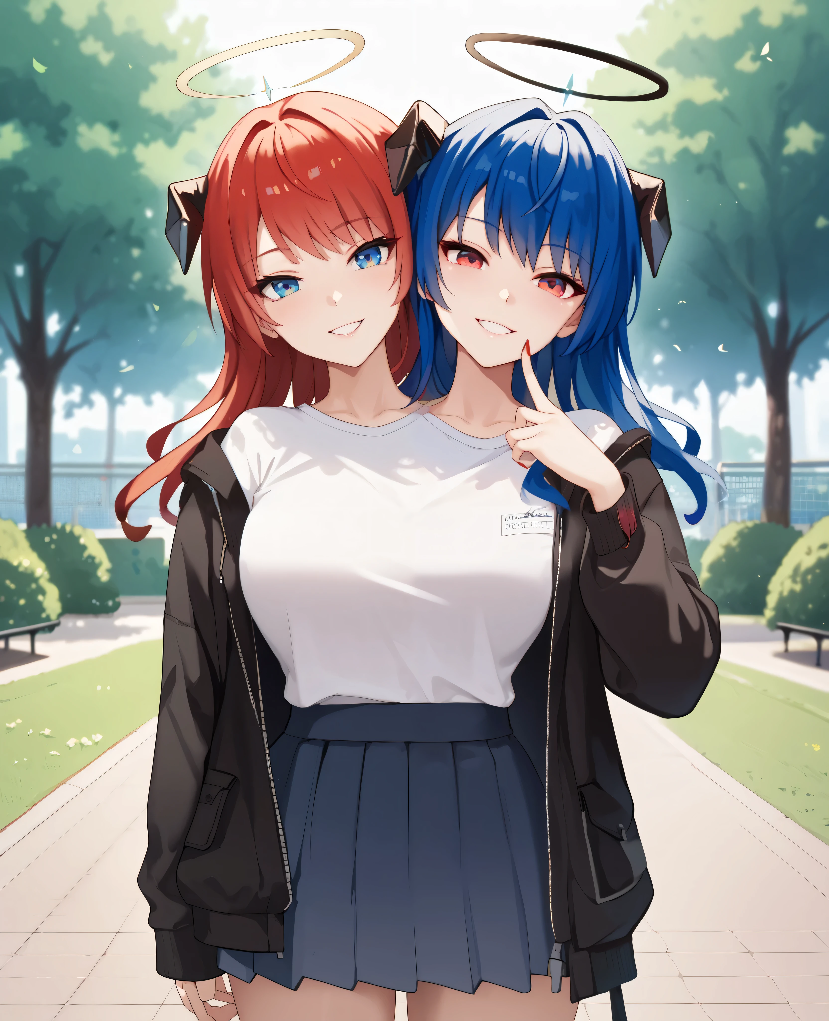 2heads, a tall thin woman with 2 heads, Exusiai, Mostima, red hair, blue hair, red eyes, blue eyes, halo, grinning, She is inside a park. She is walk in the park,