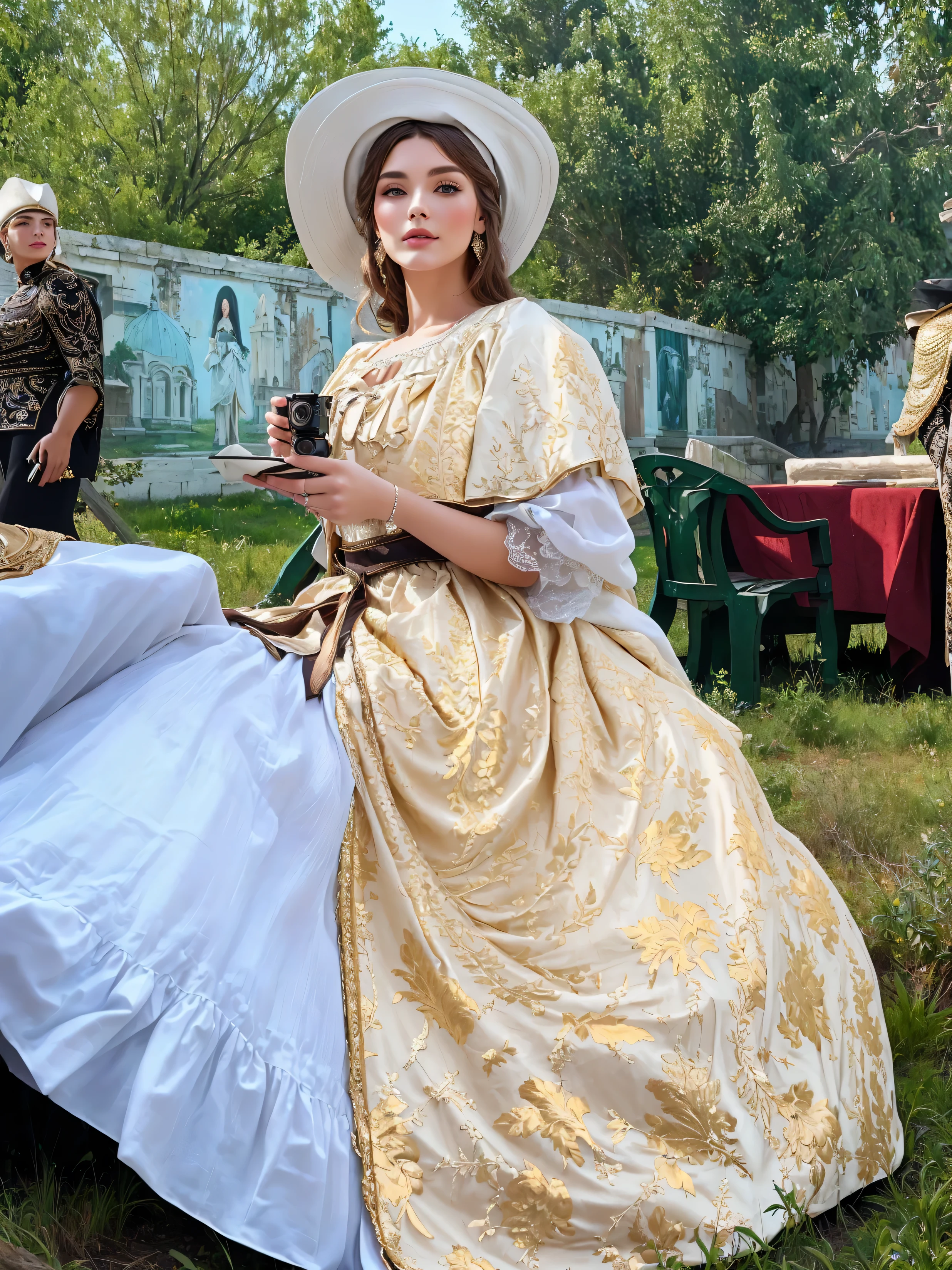 1girl, (designed by Pieter Brueghel the Younger:0.8) and (Alfred Munnings:0.9) , renaissance art, awardwinning Painting, majestic, Fashion shot of a Touching Romantic hourglass figure traditional Islamic ([Samantha Mathis|High elf]:1.3) , she is eating stollen, she is feeling very angry, Samantha Mathis is Jumping, she is dressed in a Stale White and Charcoal Gray traditional Mennonite Fleece Habesha kemis that was forged by Orcs, It is very White and Maroon, her hair is Worried and styled as Bald, Samantha Mathis has a Verdant traditional Elvish Forest Green and Tan Witch Hat, Selfish Garment helmet, dense city street with Pecan, Clear skies, FOV 90 degrees, Guilty, Kinetic Pointillism, Reflected light, F/2.8, Autochrome, Dufaycolor Photograph, Orton effect, natural skin texture, photo-realistic face, photolab, professional