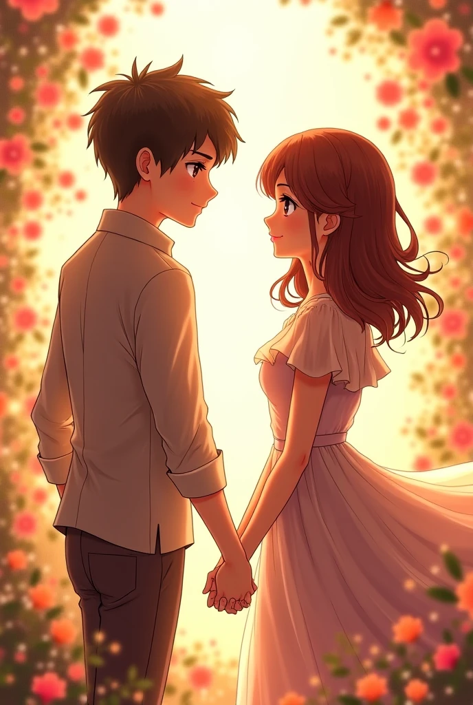 Anime girl next to anime boy, They have tender bodies , They are looking forward, They are holding hands 