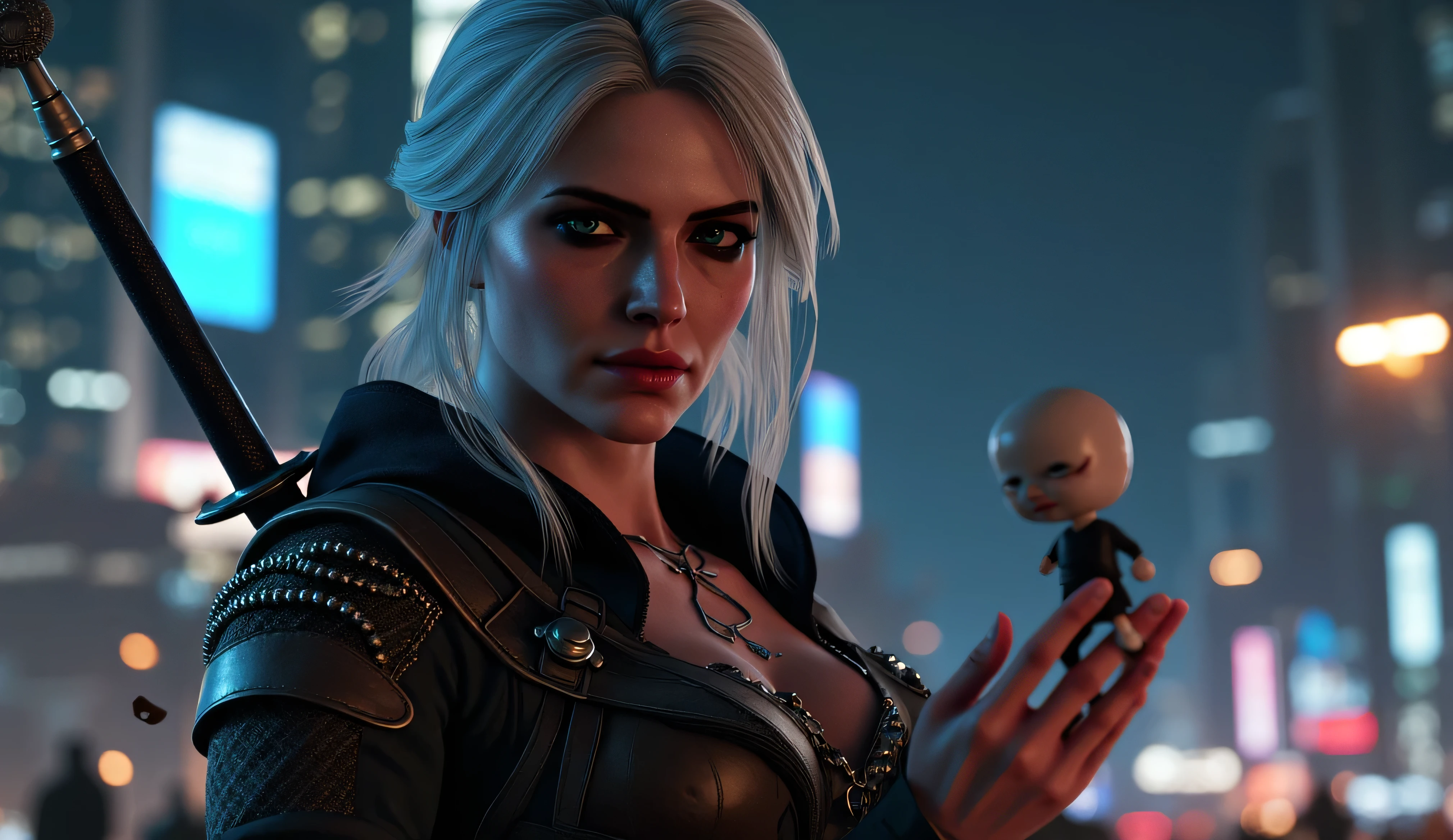 realistic photo, Ciri from The Witcher 3 smiles slyly , very high (the giantess), long strong legs , big breasts , sexy cyber punk clothes , athletic build , two swords behind , at arm's length holds miniature Geralt with the Witcher 3 , full-length photo , night city with cyberpunk 2077 in the background , Photo in great detail . Subjective camera ,