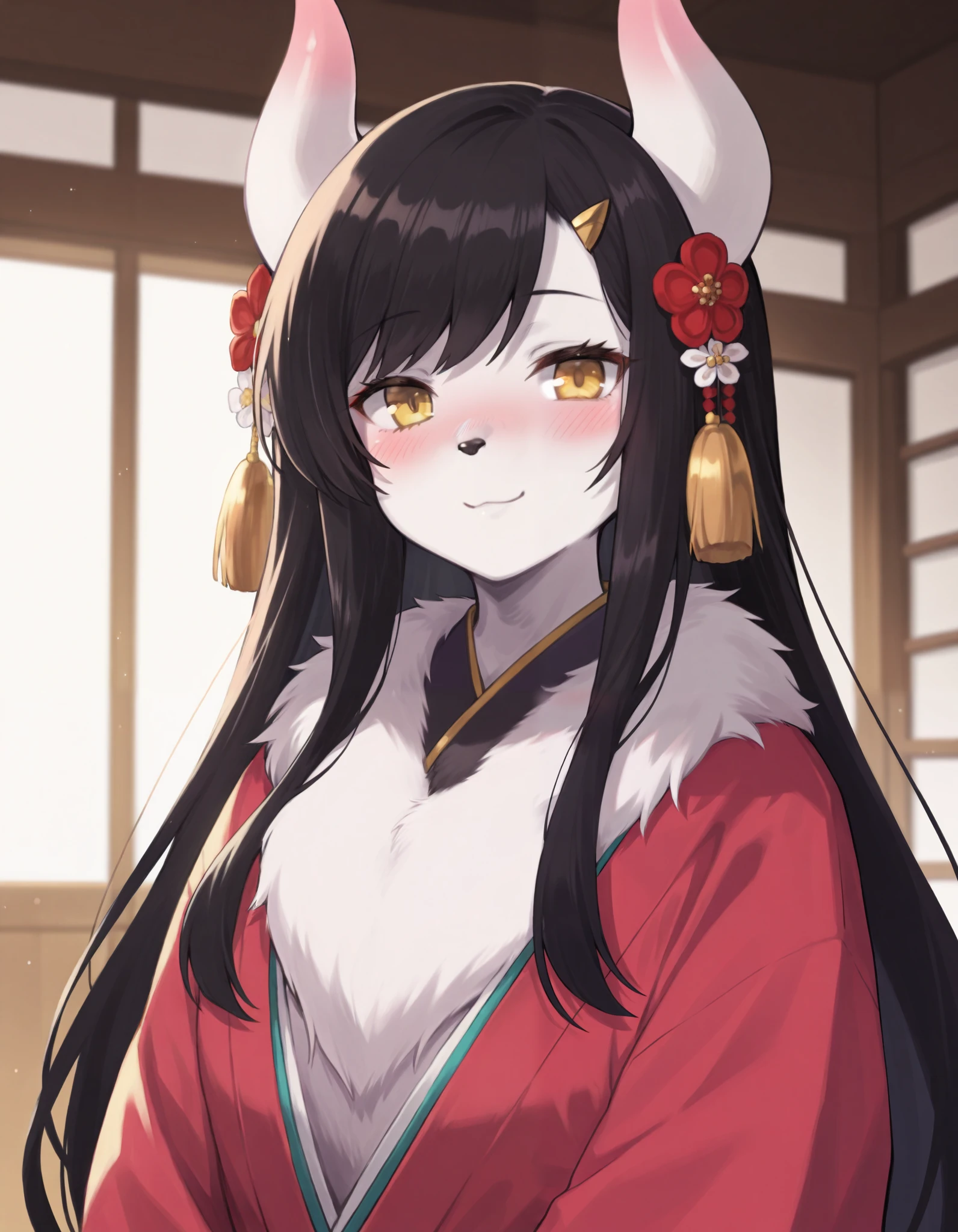 masterpiece, hyper detailed, best quality,(furry:1.3),1girl, solo, horns, japanese clothes, smile, long hair, black hair, yellow eyes, looking at viewer, kimono, blush, hair ornament, upper body, closed mouth, bangs, flower, indoors  ,