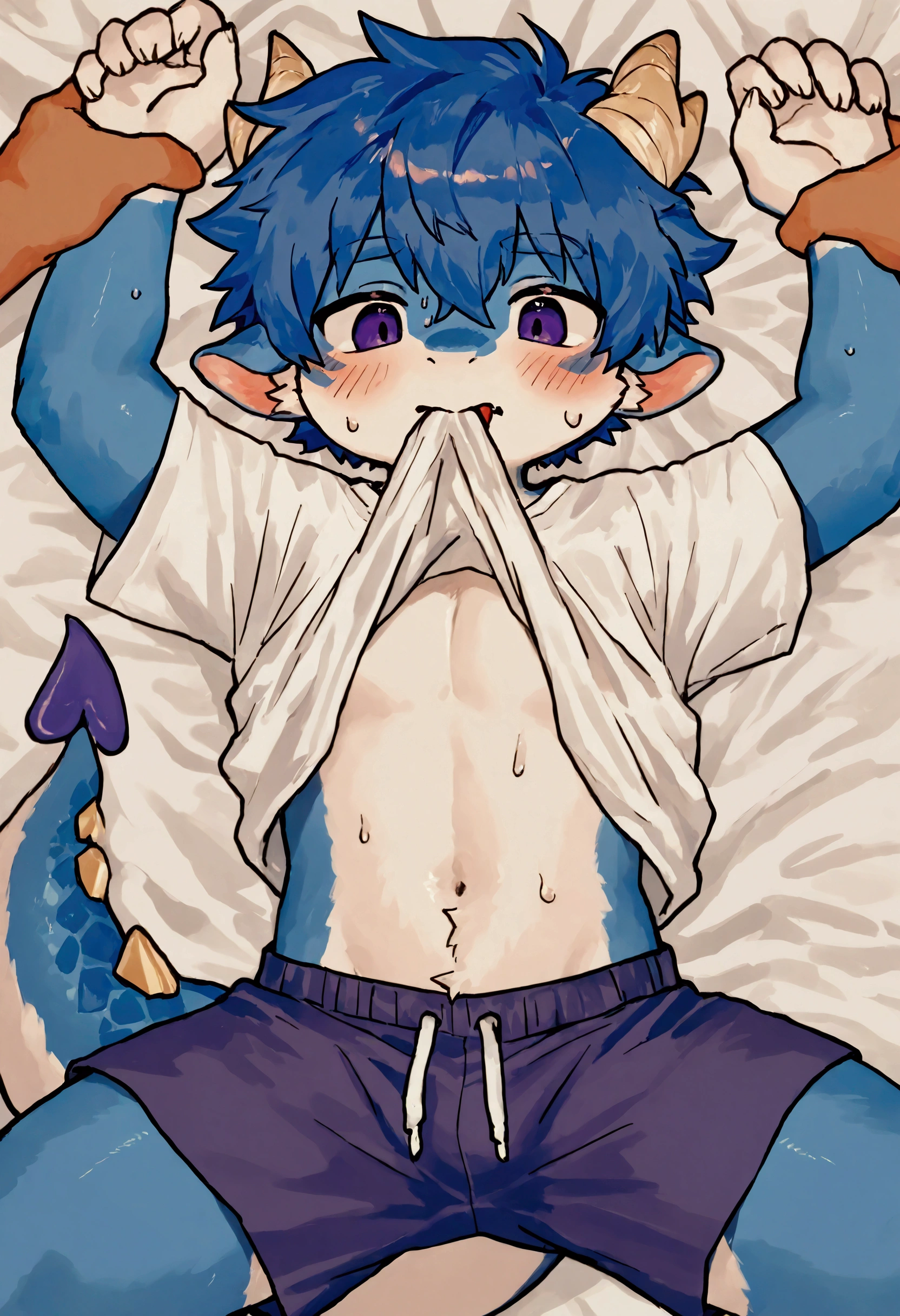 1 character, ( Shark, furry, anthropomorphic, blue skin, whole body, Best quality, human like body figure), female, bedroom background, inside, wearing small black jogging shorts, wearing small black bra, Furry art, furry arms, big grey shark tail, Big floofy tail, black fur legs, Noon, blue hair, wearing glasses, Bigger thighs, Bigger chest, blushed, gas air effect, hearts, sitting on lap, leaning down, 1 hand on jogging shorts, pleasure face, sfw, topless