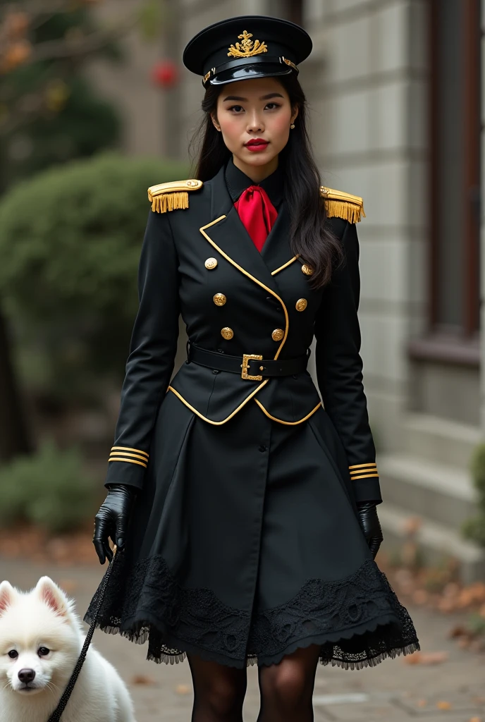 ((Realistic lighting, Masterpiece: 1.3)), (raw photo:1.2), Hyperrealist portrait Beautiful Chinese girl, 20 years old, ((skin white: 1.6)), beautiful eyes, very detailed eyes and face, (full real formal crimson red military uniform), (military cap), ((high rank)), military cape, charming cute face, natural makeup: 1.2, (military saluted pose), chignon, Best quality, 8K, professional photography, (full body), street background