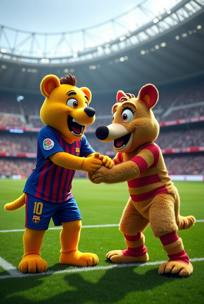 Make Winnie the Pooh with a Barcelona shirt shaking hands with the Joker with an Atletico Madrid shirt and in the background there is a football stadium with a lot of smoke.