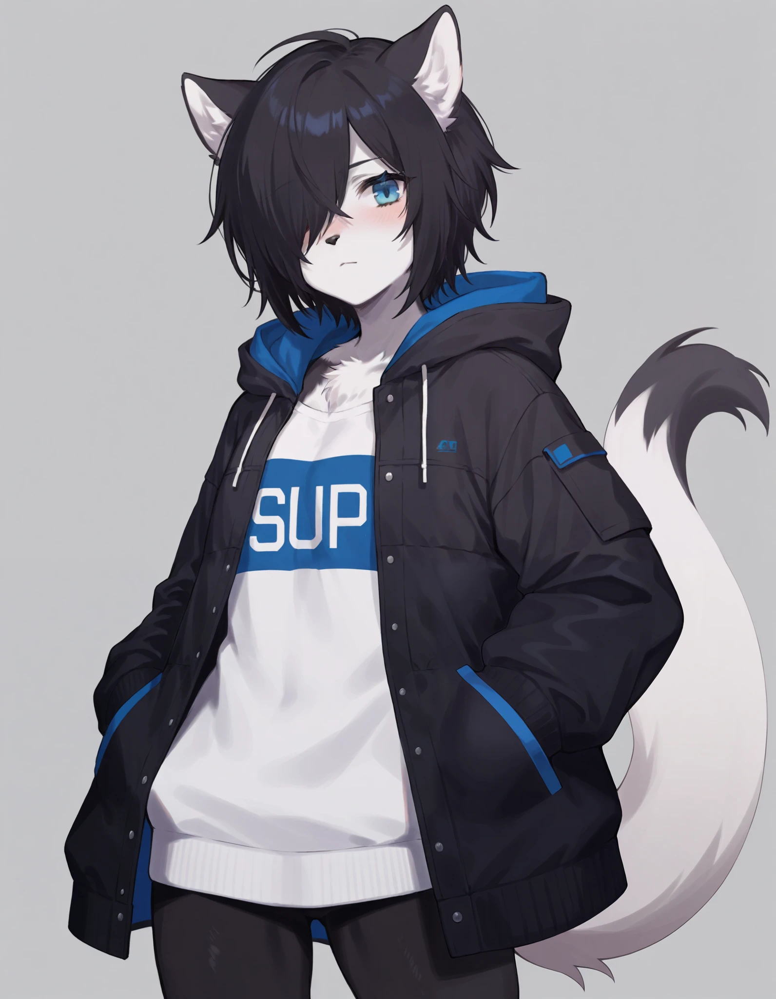 masterpiece, hyper detailed, best quality,(furry:1.3),solo, blue eyes, 1girl, looking at viewer, hood, closed mouth, short hair, grey background, black hair, hair over one eye, jacket  ,