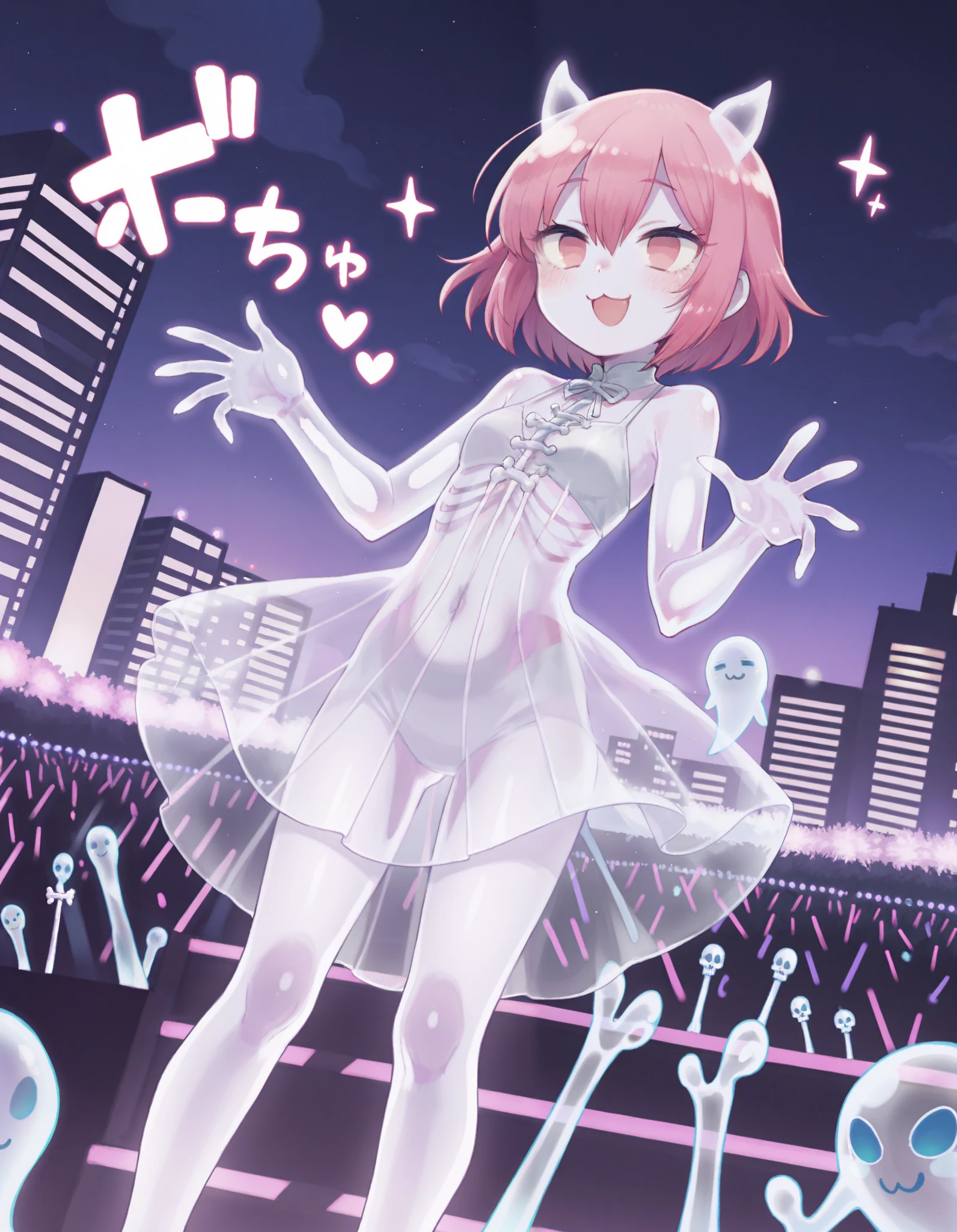 1girl, (monster girl, ghost girl), (see-through body, ghost body, ghost skin, transparent skin, transparent body:1.2), (purple skin, glowing, no pupils), transparent clothes, skeleton, bone, ribs, spine, pink hair, very short hair, hair between eyes, BREAK 1girl, spread legs, from head to legs,, =_=, :3, sound effects, BREAK white onepiece dress, on stage, in a city park, Idol, singer, BREAK safe, ((ino \(tellu0120\):1.05), (kuzuvine:1.1)), masterpiece, best quality, very aesthetic, absurdres, newest,