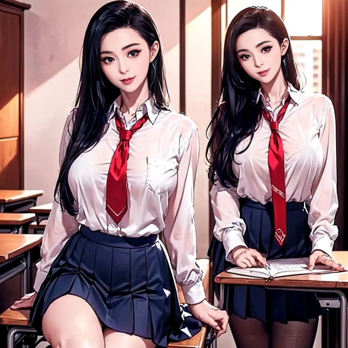 Realism, HDR, Mature girl, black hair, red shirt, (open shirt), full breasts, classroom, shorts,