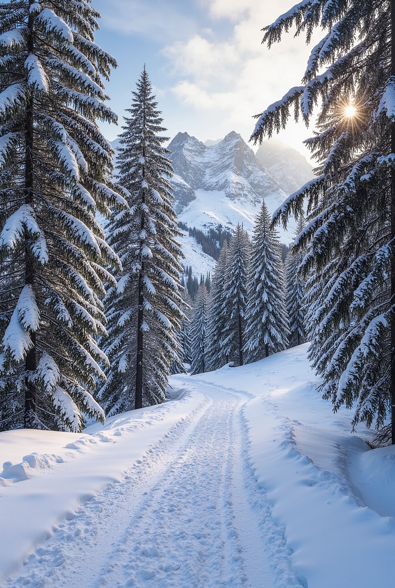 (masterpiece:1.3), (best quality:1.2), pov perspective a snow-covered path in the mountains near St. Moritz, surrounded by tall pine trees coated in frost, the path winding towards panoramic views of jagged alpine peaks, the sun casting soft golden light through the branches, no people in picture,
ultra-detailed 4K phone photography, crisp winter colors, cinematic natural light, sharp textures, adventurous and inspiring travel moment. (((NO PEOPLE IN PICTURE)))