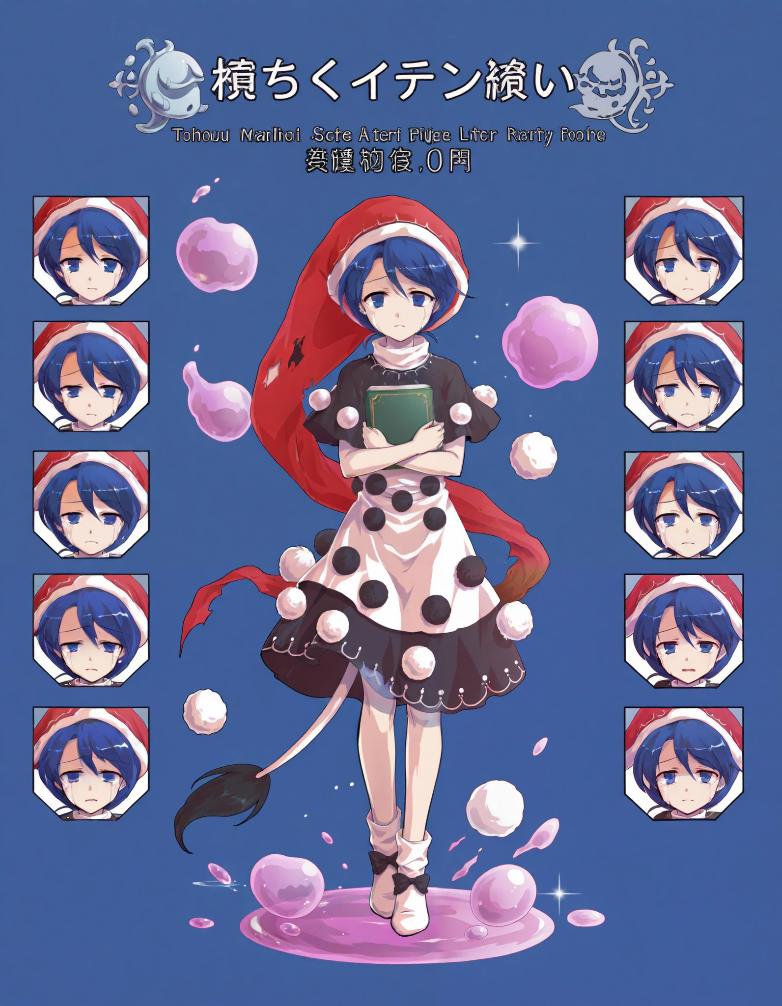 1girl, after battle, alphes (style), blue eyes, blue hair, book, commentary request, crying, dairi, damaged, doremy sweet, dream soul, dress, expressions, food, frown, full body, marshmallow, parody, sad, short hair, socks, standing, style parody, tail, tapir tail, torn clothes, touhou, transparent background