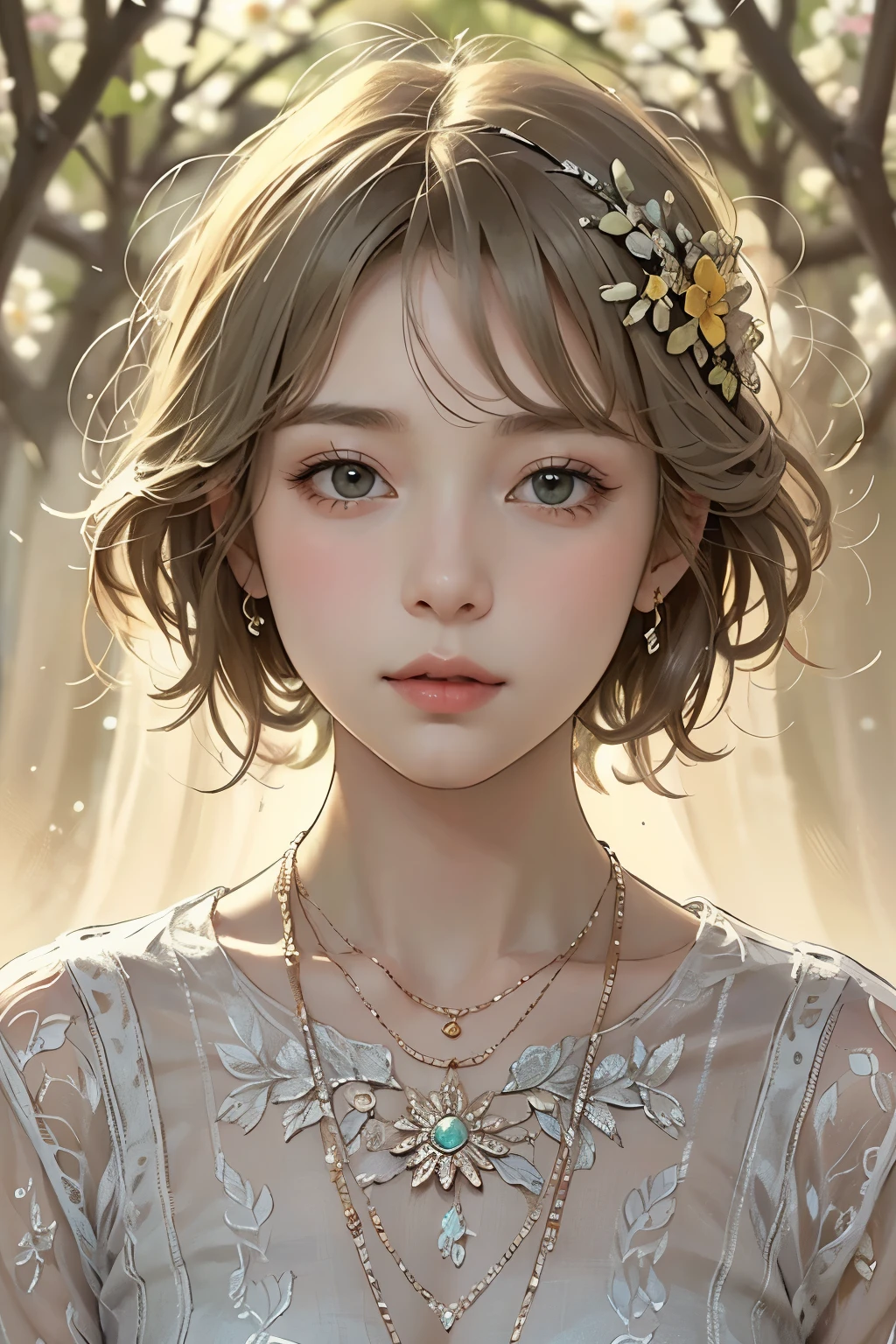Oil painting of a young beautiful woman, rough brush strokes, focus on face, (calm and gentle expression), (loosely curled and almost straight medium length silvery grey or light brown hair), small floral hair ornament, (close up), shiny skin, shiny lips, (rustic country style knitted sweater), (slim figure), small necklace, beginning of spring, arrival of spring, spring atmosphere, small spring flowers, vibrant and warm spring colours, sunlight, Tyndall effect, young leaves on trees, use of outlines, clean line drawing, fine details, intricate details, line drawing, Art Nouveau frame, Art Nouveau inspired decoration, bright and strong primary colours used partly as accents, (Alphonse Mucha compositional style),