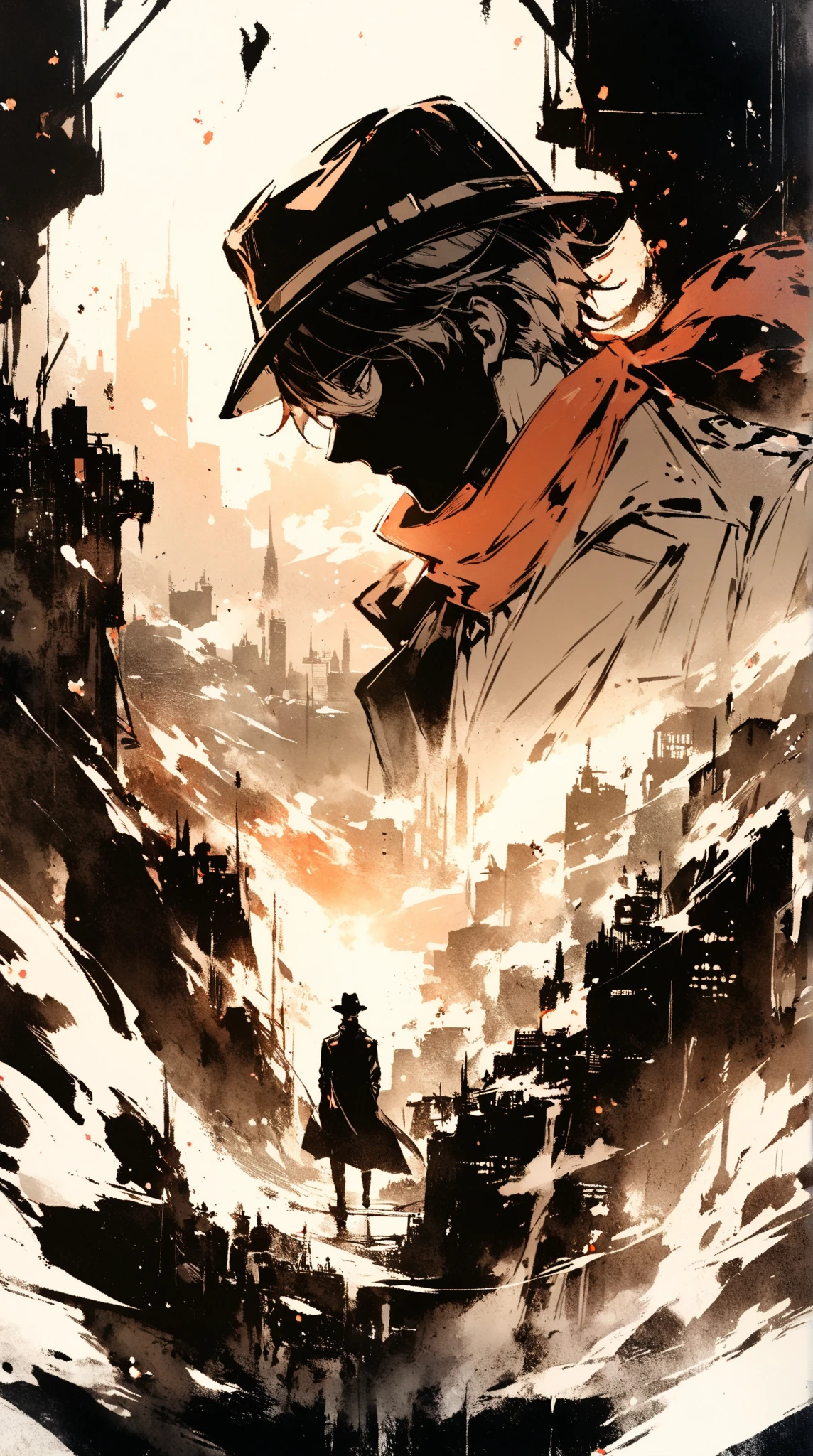 score_9, score_8_up, score_7_up, score_6_up, masterpiece, best quality, watercolor, double exposure, brown monochrome, man, solo, full body, trench coat, long red scarf flying in the air, fedora, looking down, cold breath, night, dim, silhouette of a man's face\(profile shot, city landscape\),