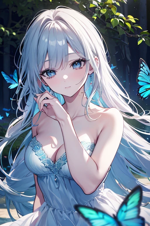 est quality,ultra-detailed),(realistic:1.37),transparent water,blue butterfly,beautiful detailed eyes,beautiful detailed lips,sparkling,airy,ethereal,soft sunlight,calm,serene,white gauze skirt,vivid colors, back turn, detailed face, detailed eyes, detailed hands